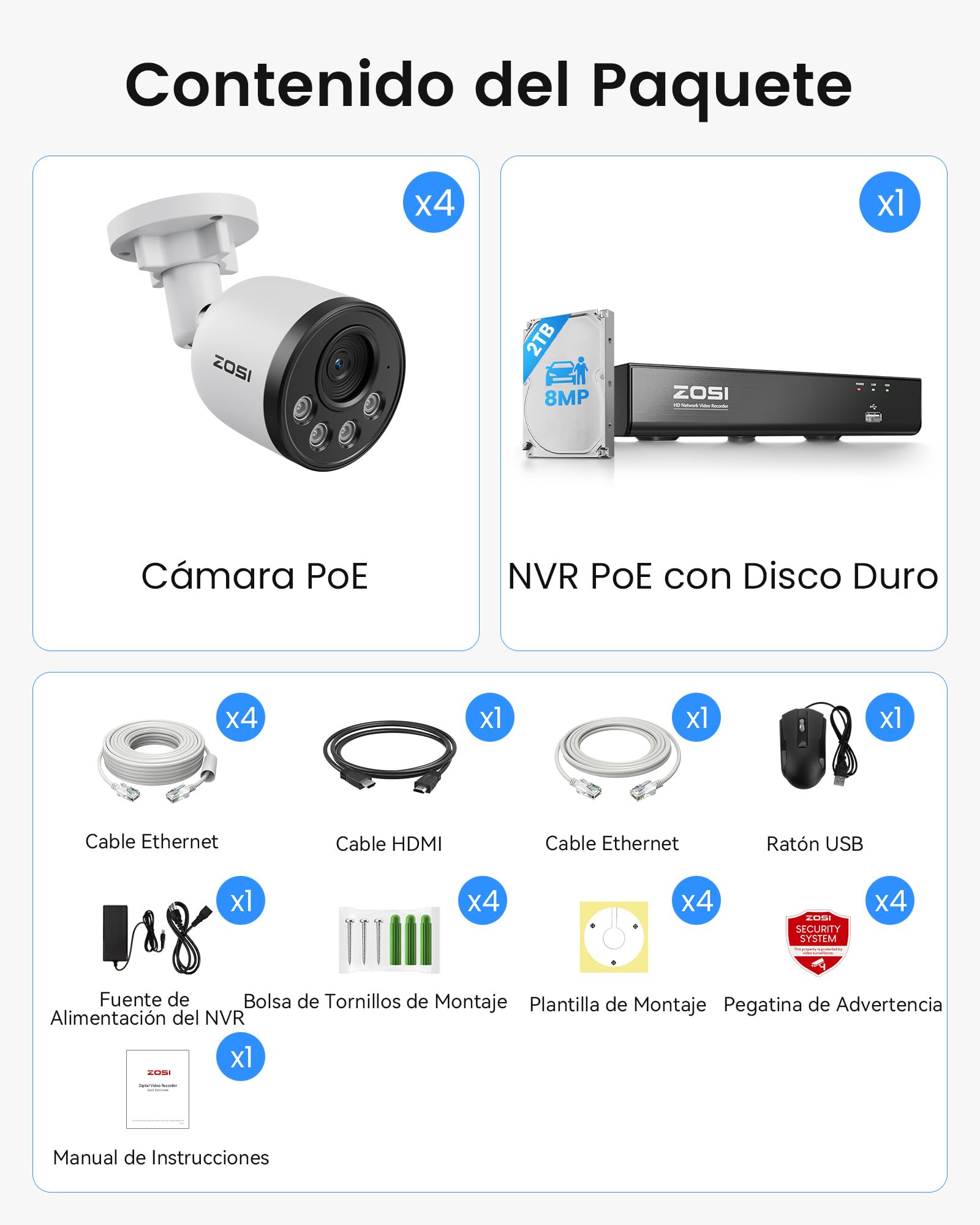 ZOSI 4K Kit Cámara de Vigilancia PoE Exterior, 8CH Grabador NVR y 2TB HDD con CCTV Cámara Seguridad, Detección y Alarma de Persona, Visión Nocturna y Grabación 24/7