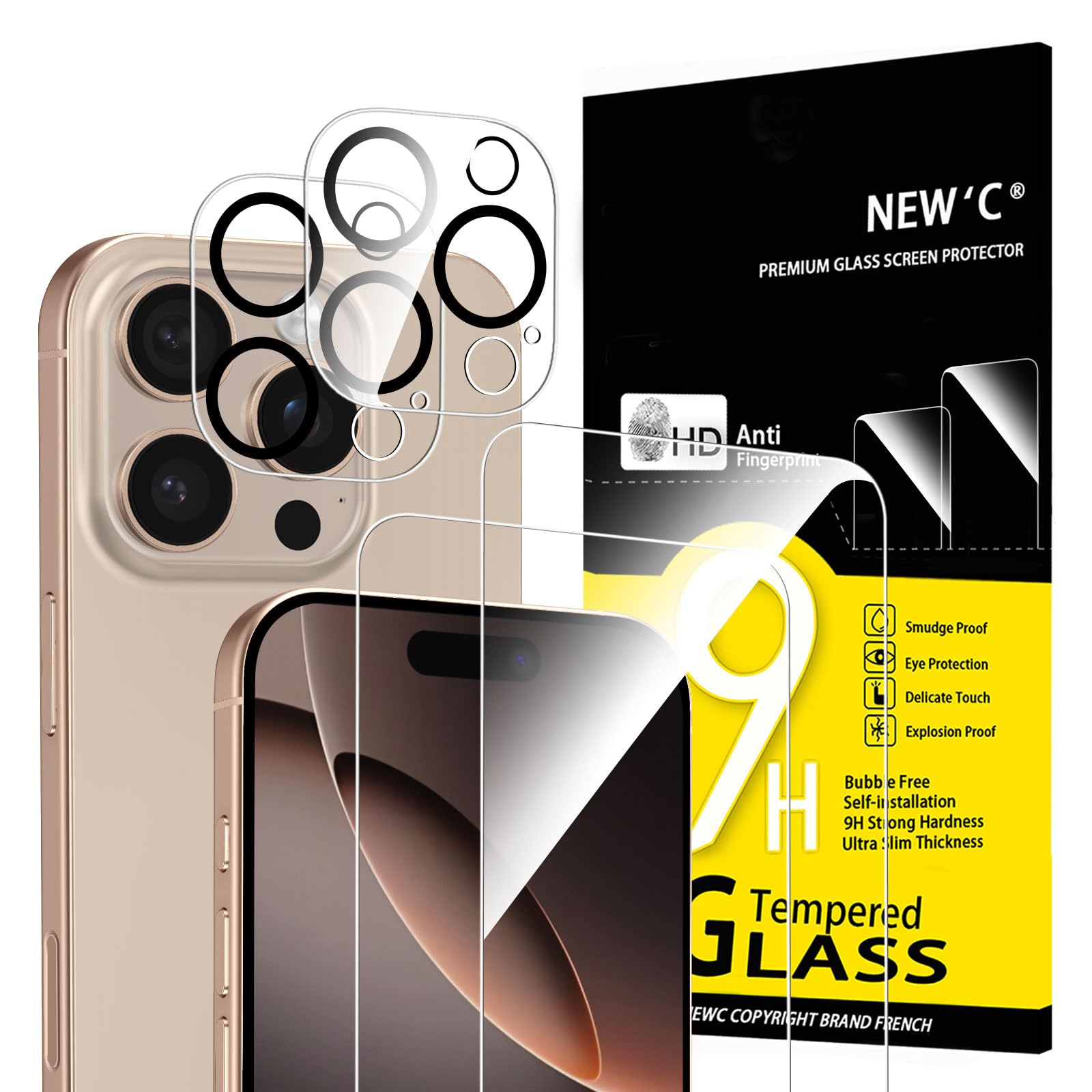 NEW'C 2 x Pellicola Vetro Temperato per iPhone 16 Pro Max (6,9 pollici) e 2 x Pellicola Vetro Protettiva Fotocamera Posteriore per iPhone 16 Pro Max - Strumento di facile installazione incluso