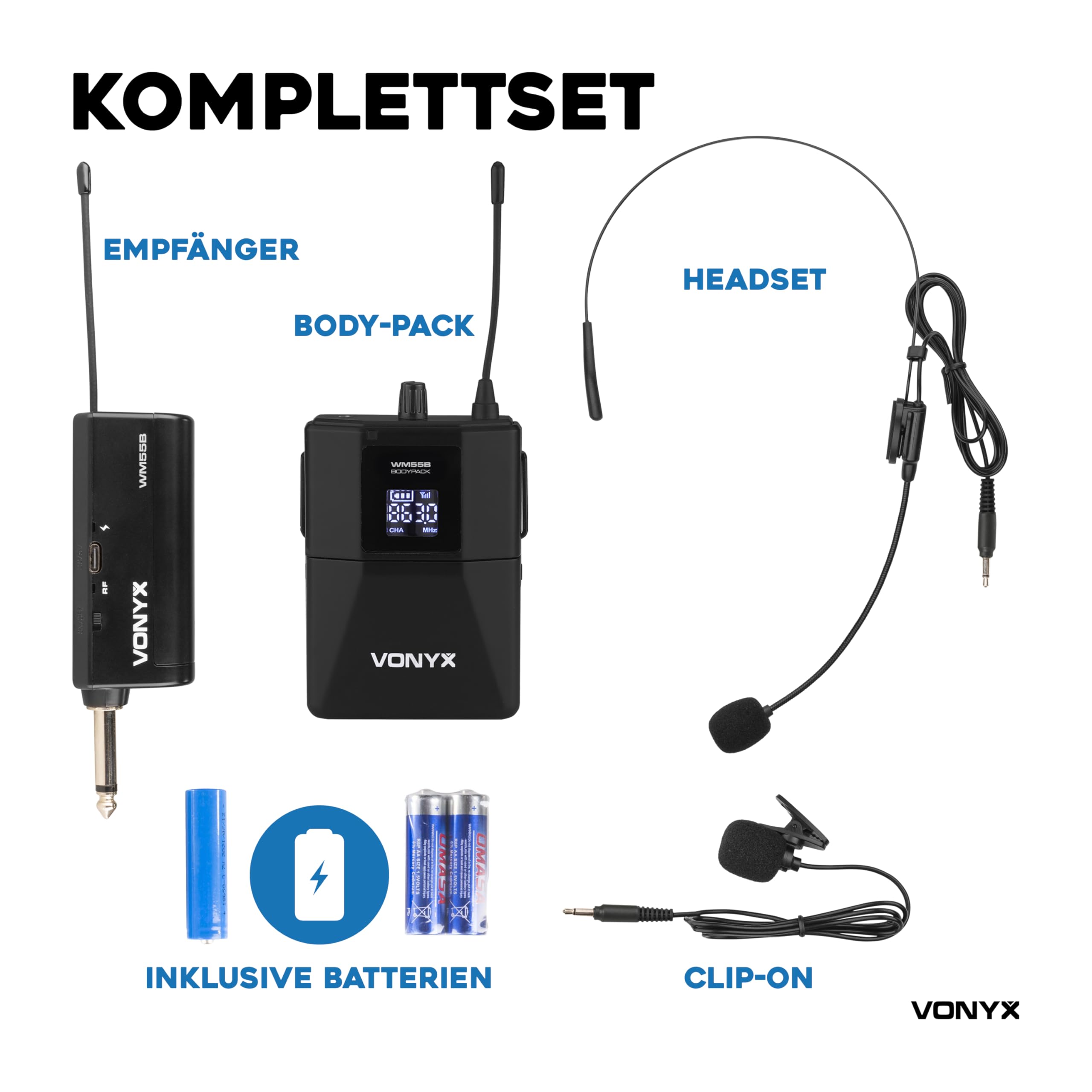 Vonyx WM55B Funkmikrofon Set, Headset und Lavalier Mikrofon Kabellos, UHF 863-865 MHz, 50m Reichweite