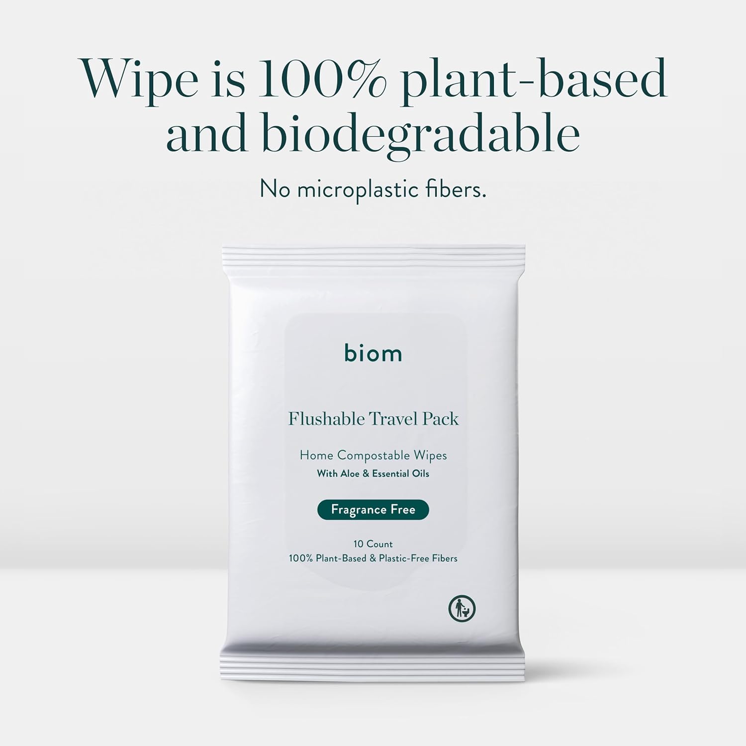 Biom Flushable Wipes -Travel Size 10 pack(100 Wipes) -Plastic-Free Plant Fiber, Fragrance-Free and Gentle for Sensitive Skin, Aloe Infused - Hypoallergenic, Unscented