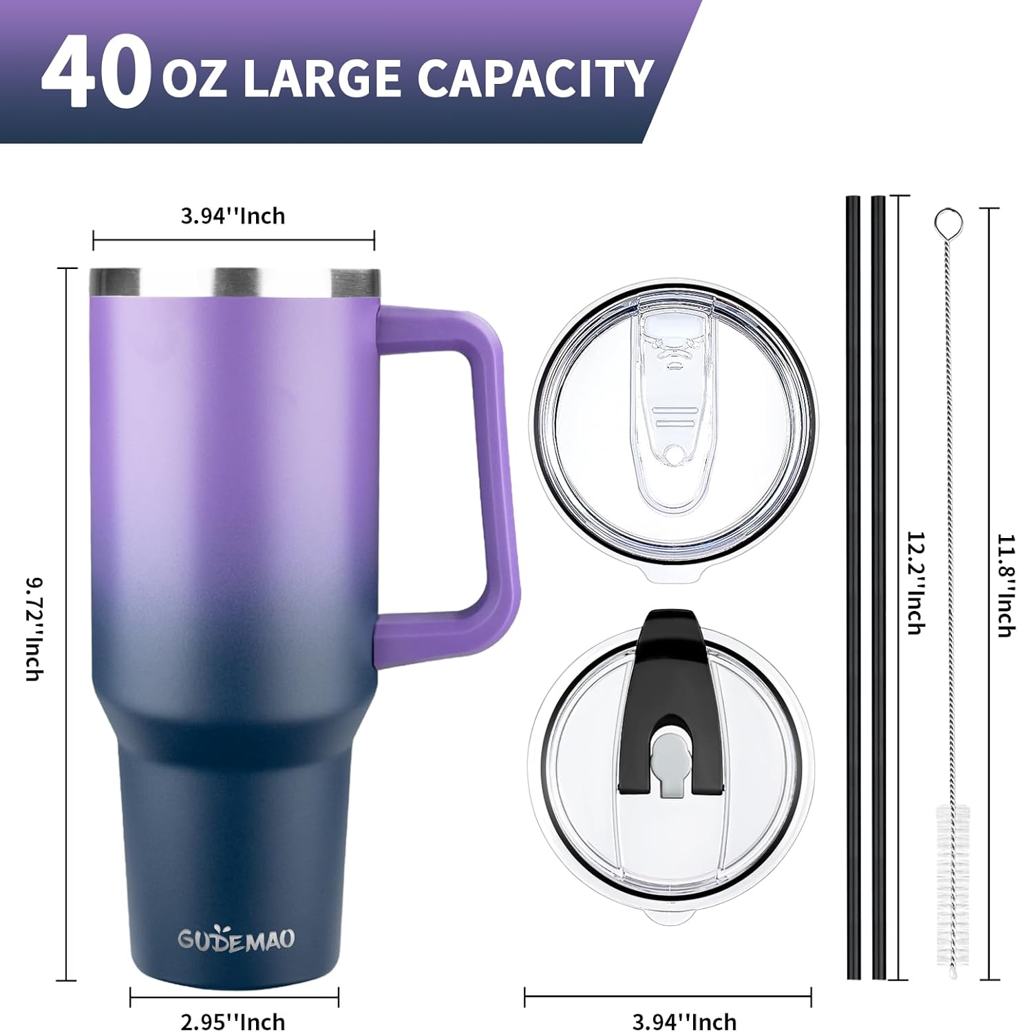 40 oz Tumbler with Handle, Insulated Tumbler with Lid and Straw, Reusable Stainless Steel Vacuum Insulated Cup, 100% Leak Proof Thermal Travel Coffee Mug Cup for Cold and Hot - Image 2