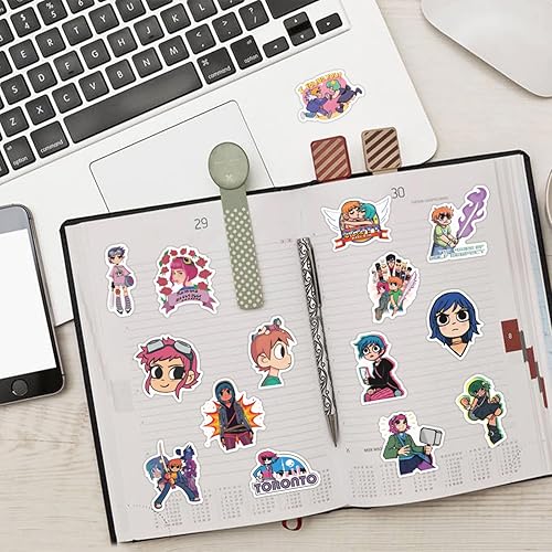 Miniatura 3 de 55 calcomanías de Scott Pilgrim, populares calcomanías clásicas de anime, calcomanías de vinilo impermeables para botella de agua, laptop, guitarra,