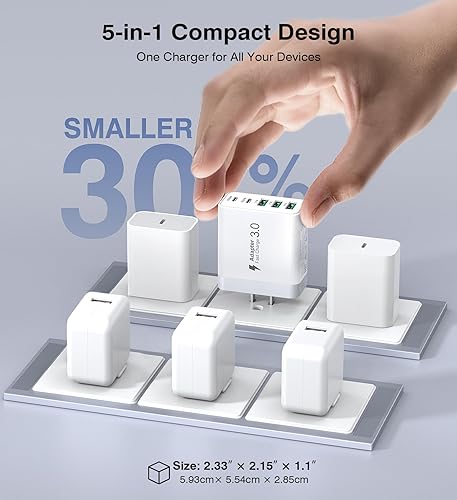 Miniatura 7 de [Paquete de 2] Cargador de pared USB C, bloque de cargador USB C rápido de 50 W, adaptador de corriente PD de 5 puertos + enchufe de pared QC Blanco