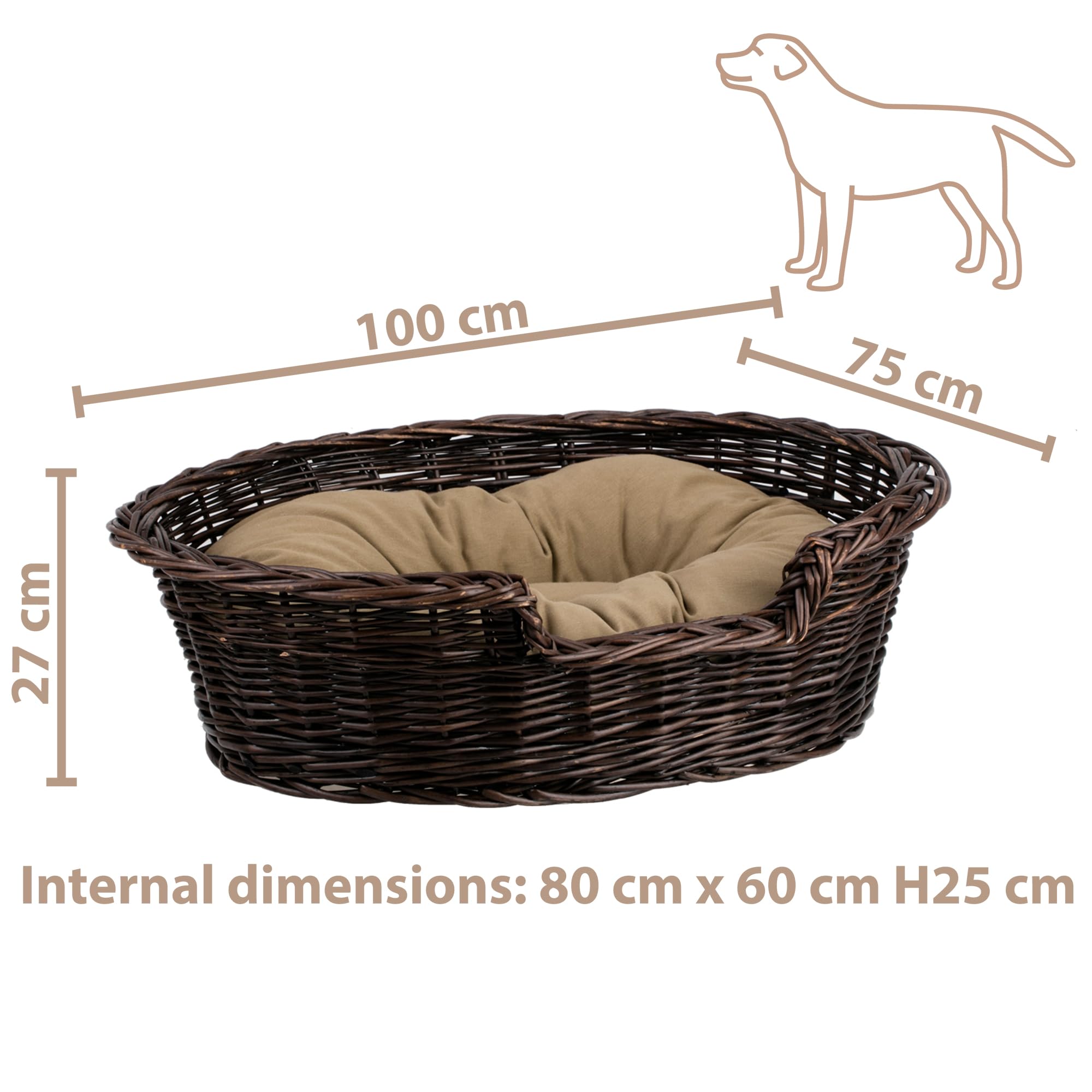 e-wicker24 Hundekorb aus Weide für Hund und Katze Hundebett Katzenbett mit Kissen Tierkorb geflochten Katzenkorb (100, Dunkelbraun)