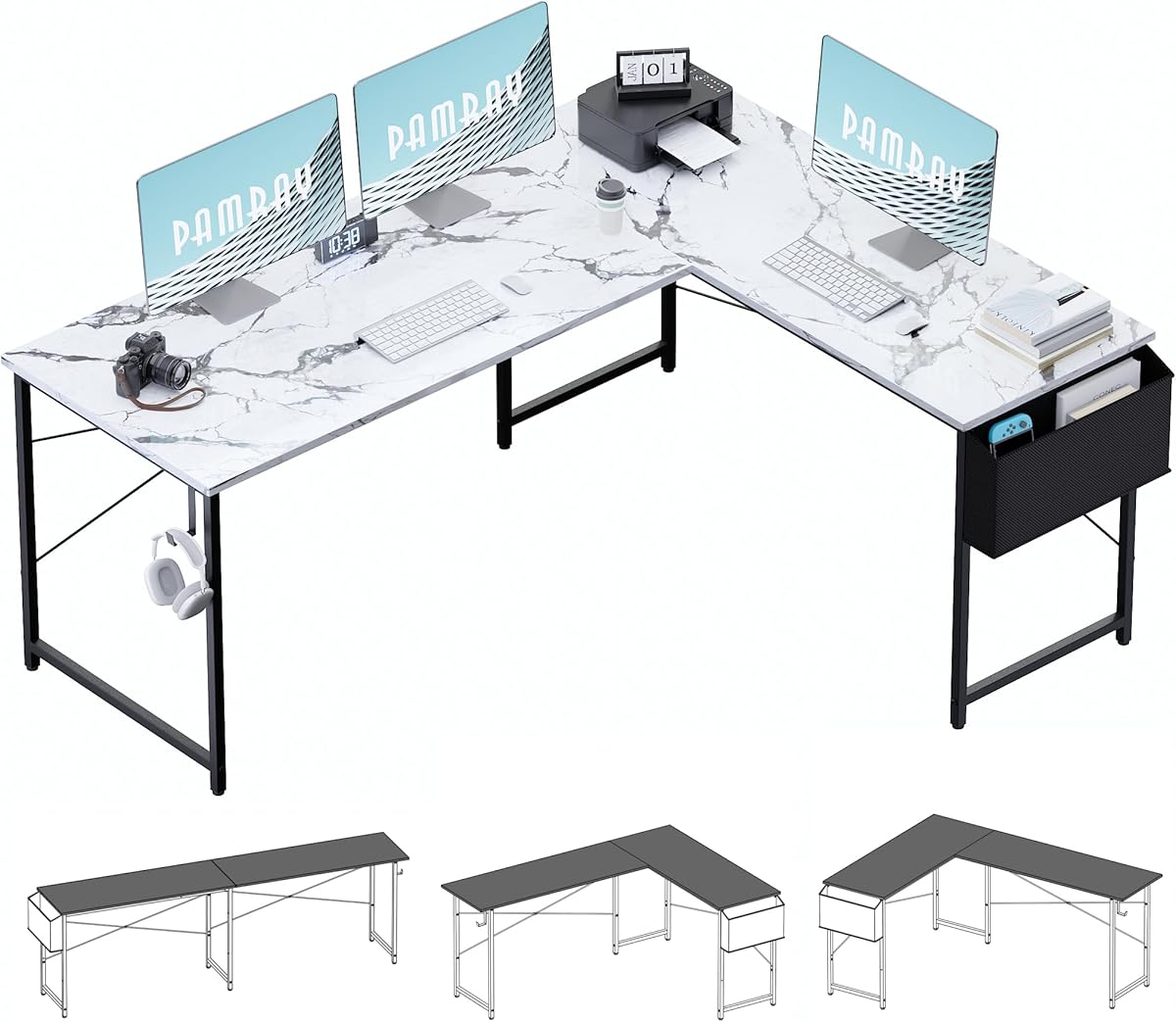 Pamray 64.5 Inch Reversible L Shaped Gaming Desk Large Corner Computer Desk with Storage Bag Home Office Table for Writing Study Marble