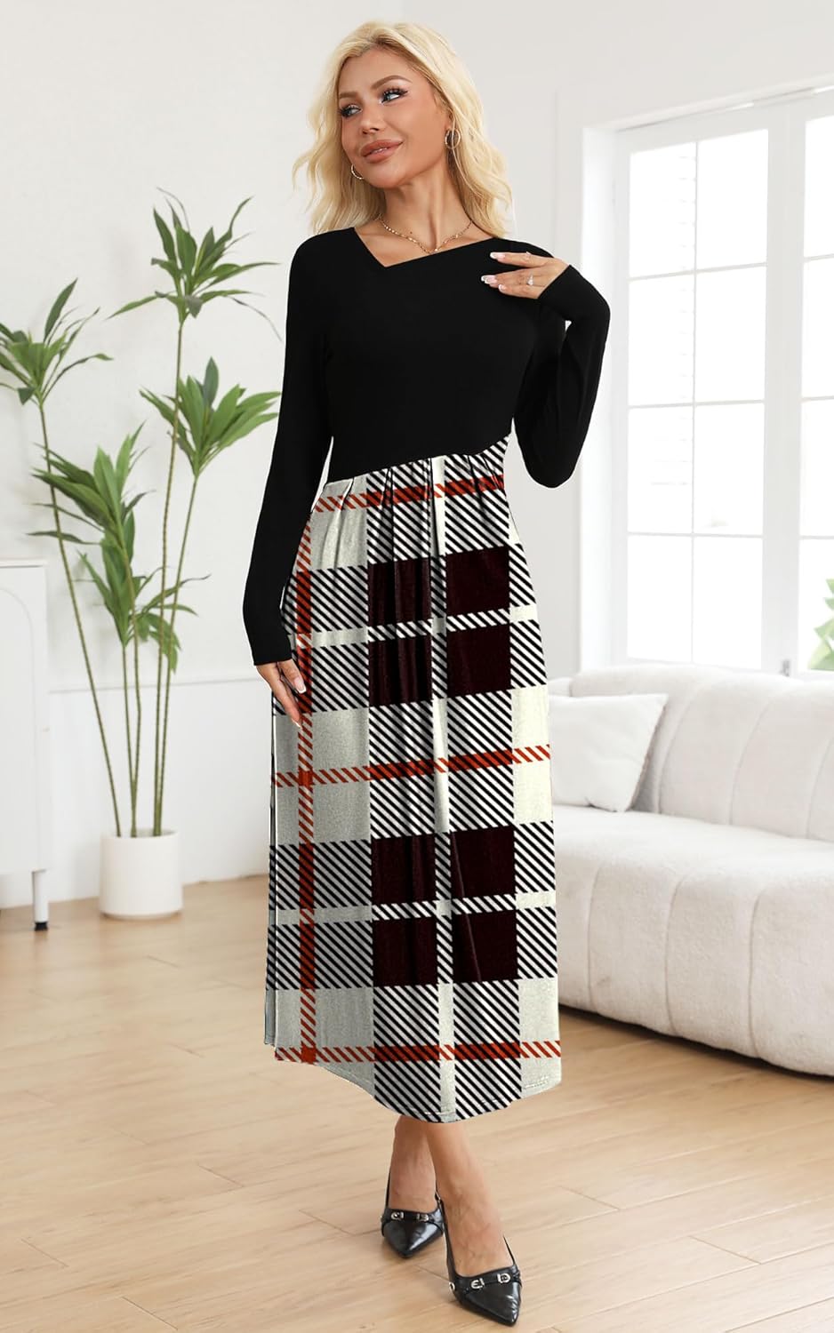 SAUKOLE Womens Maxi Dresses Casual Long Sleeve V Neck Empire Waist Dress Trendy Fall T Shirts Long Dress - Image 2