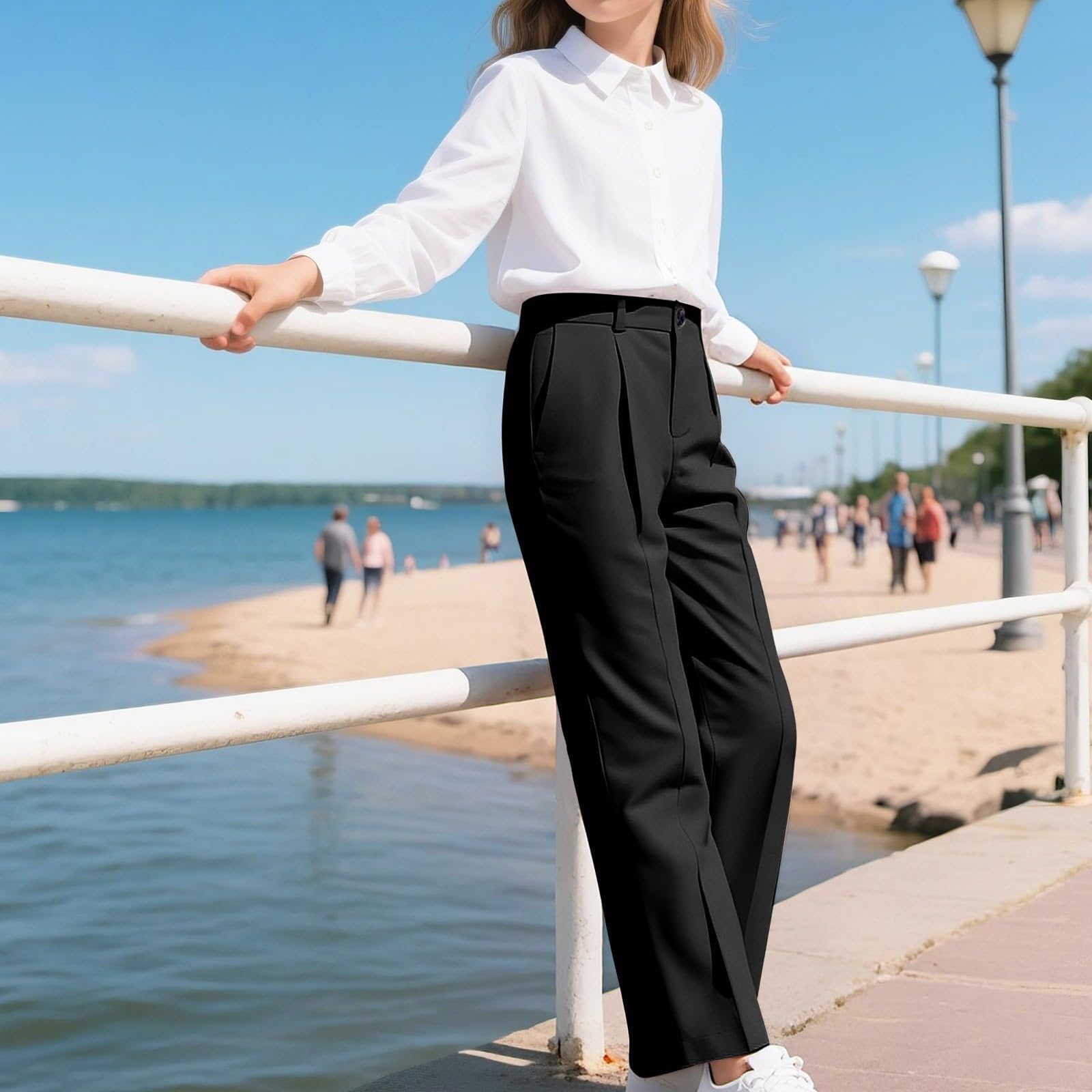 Pantalones escolares para niñas cintura media elástica uniforme con bolsillos
