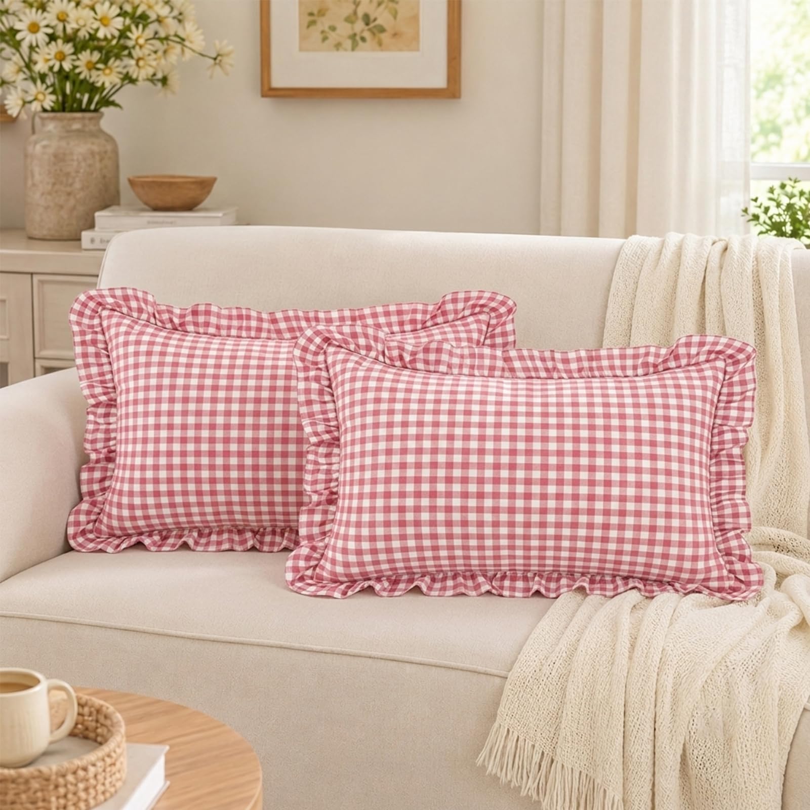 LOHDALOLF Dusty Pink and White Ruffle Lumbar Cushion Covers 30x50 cm Pack of 2, Gingham Plaid Decorative Cushion Cases, Farmhouse Checkered Scatter Cushions for Sofa Bedroom