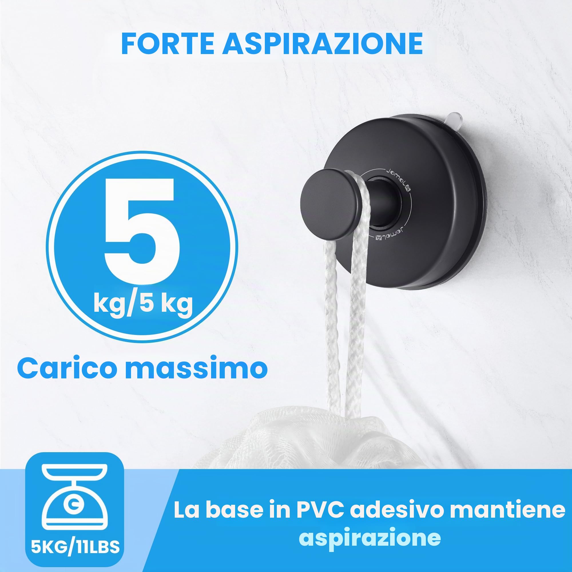 JOMOLA Ganci Ventosa Appendi Accappatoio Bagno Appendi Strofinacci Cucina Appendi Abiti per Muro in Acciaio Inox Porta Asciugamani Bagno Resistenti Gancio Accappatoio Doccia, Nero Opaco, 2 Pezzi