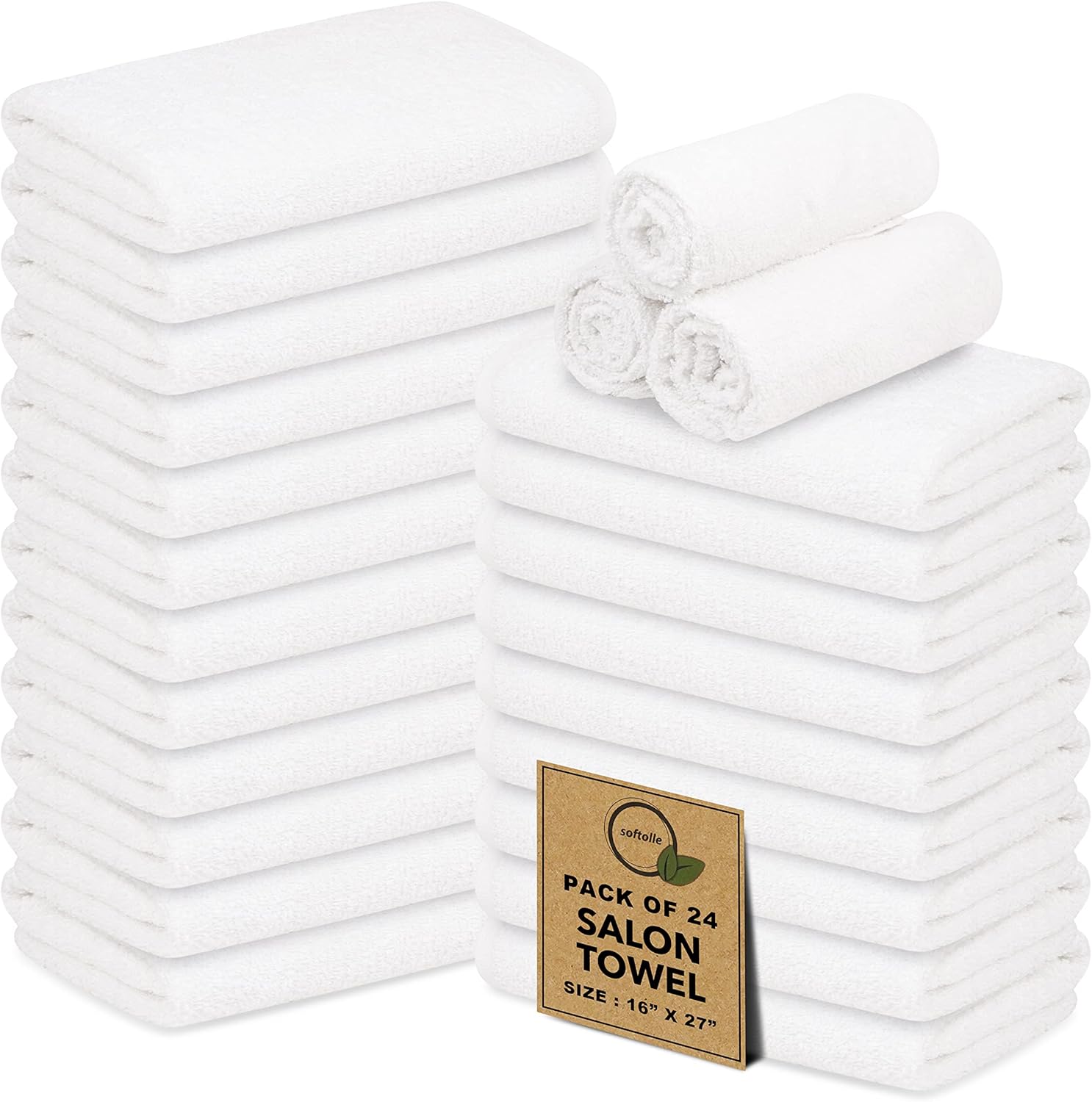 Softolle Salon Towels – Pack of 24 (16"x27") 100% Cotton Ring Spun (Not Bleach Proof) Ultra Soft, Highly Absorbent Hand Towels – Bulk for Spa, Gym & Salon (White)