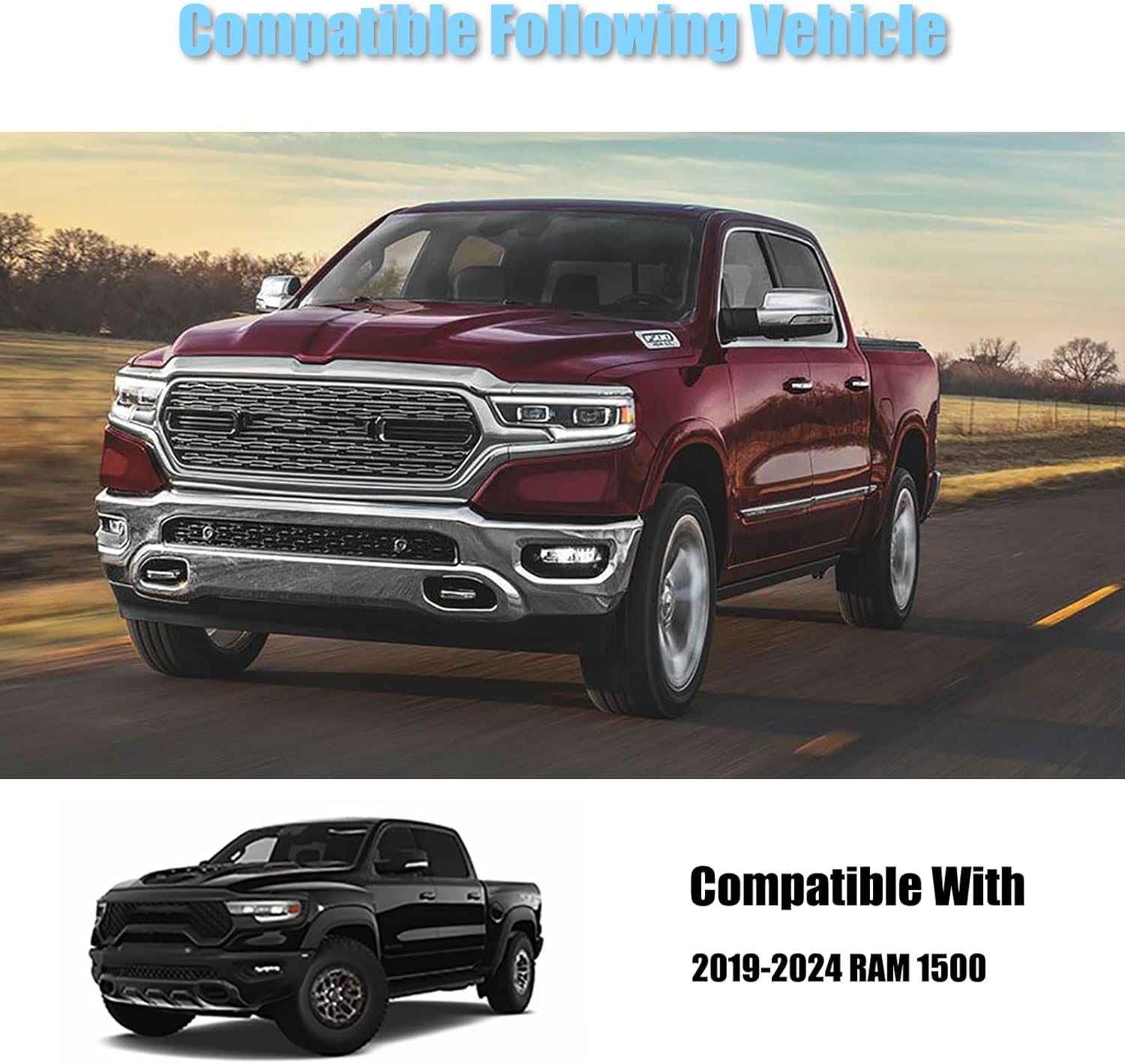 AUCERAMIC Chrome Mirror Cover Caps + Door Handle Covers Without Smart Keyholes Fit for 2019-2025 Ram 1500 4-Door Extended/Crew Cab Models Only