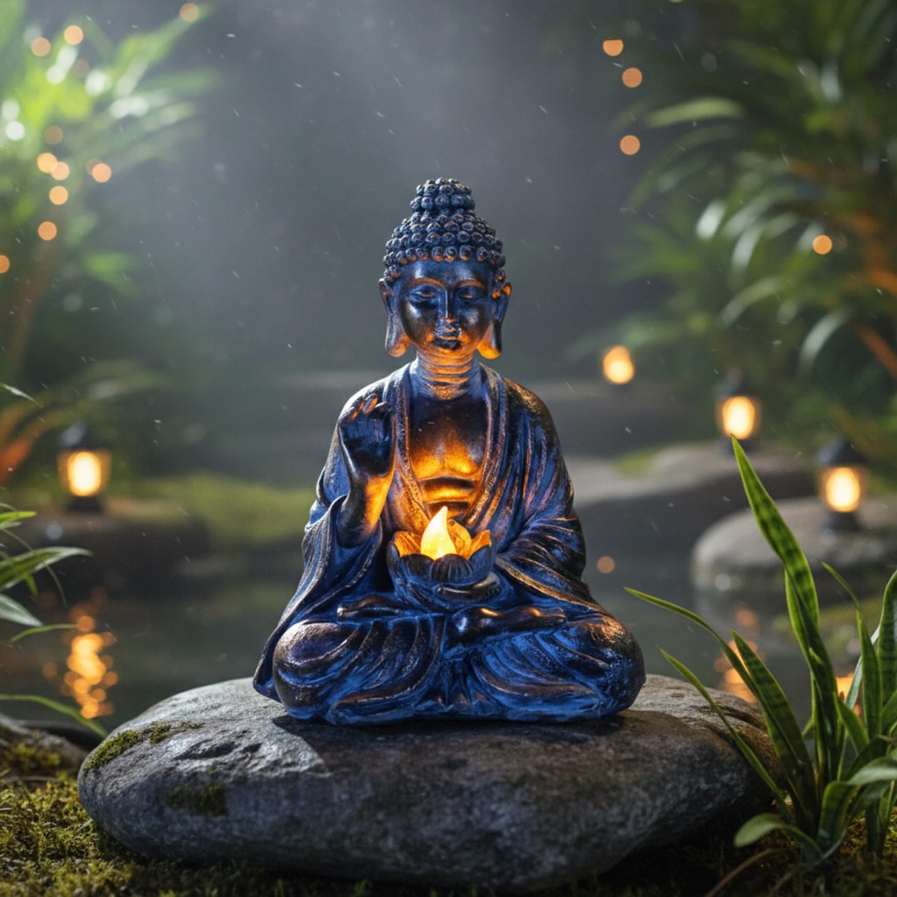 Statua da giardino a forma di Buddha per esterni, decorazione solare con luce a LED a forma di loto, in resina impermeabile, per casa, patio, prato, 15 x 11 x 20 cm