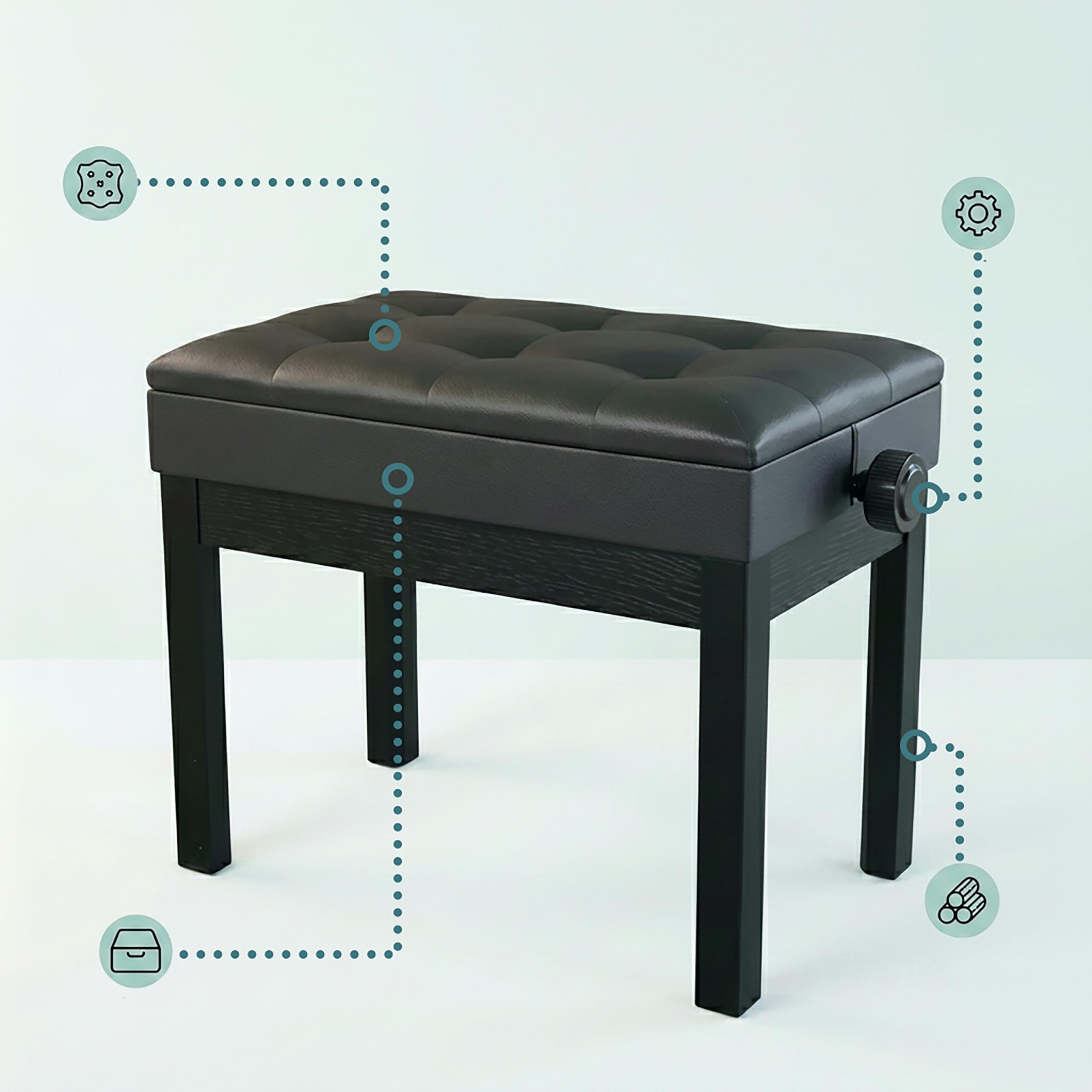 Banco de piano Relaxdays, regulable en altura, 48–58 x 55 x 33 cm, con almacenaje, madera, polipiel, negro
