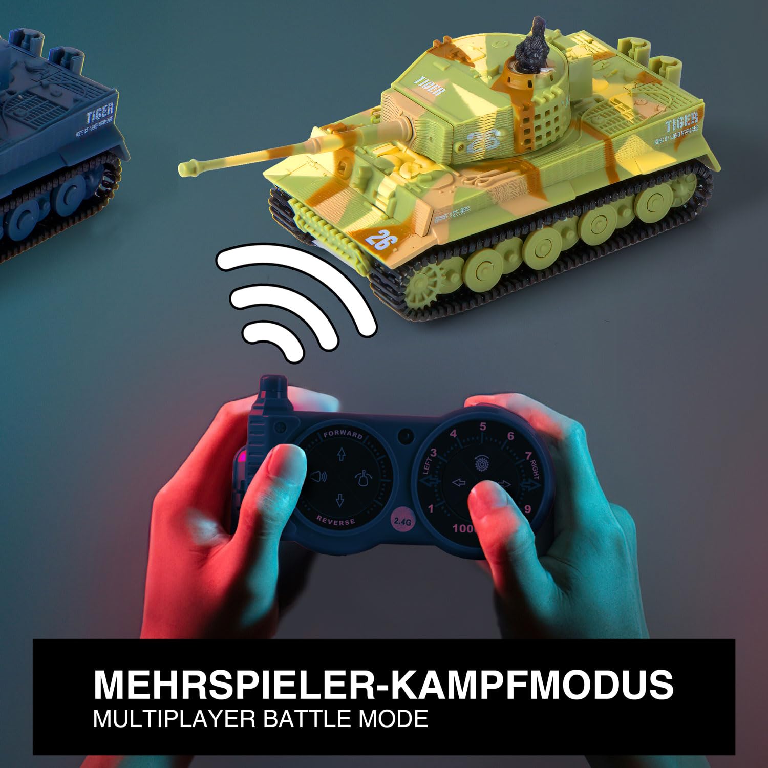 Tanque teledirigido Mini RC German Tiger I – Modelo R/C Battletank con función de disparo, sonido y luz – escala 1:72 (juego de 2 batalles)
