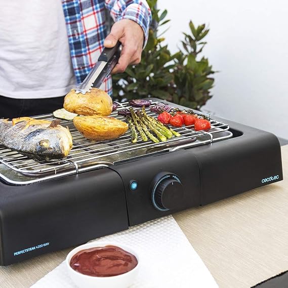 Cecotec PerfectSteak 4200 Way Electric Garden Table Barbecue, 2400W, Stainless Steel Grill, Temperature and Height Adjustable to 3 Levels, 18/10 Steel, Black Steel