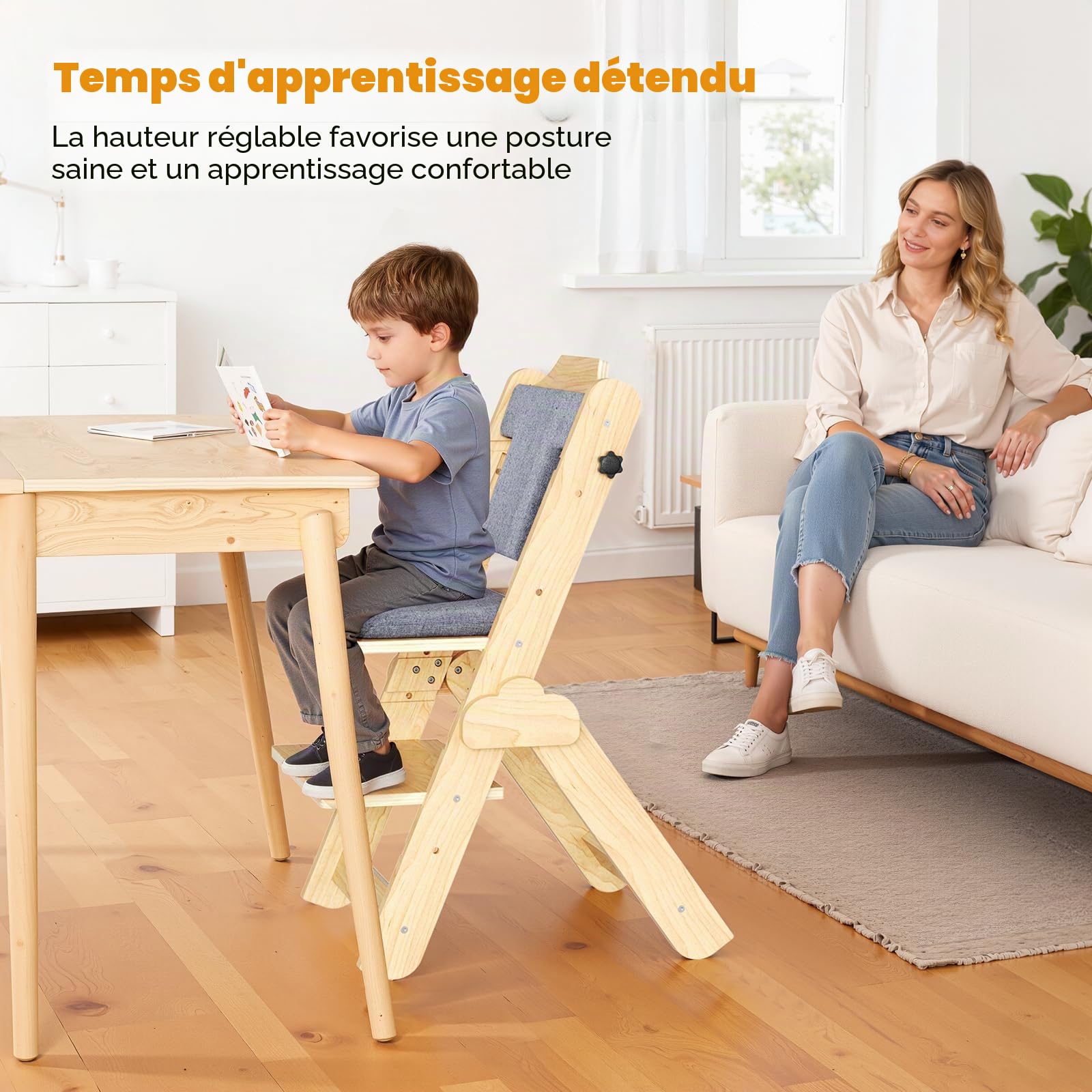 Chaise Haute Bébé Evolutive, 2 in 1 Chaise Haute Bois en Hêtre Massif, Chaises Hautes Évolutive Avec Harnais 5 Points Réglable, Enfant Ergonomique, Plateau Amovible, Pour Bébé À Partir De 6+ Mois