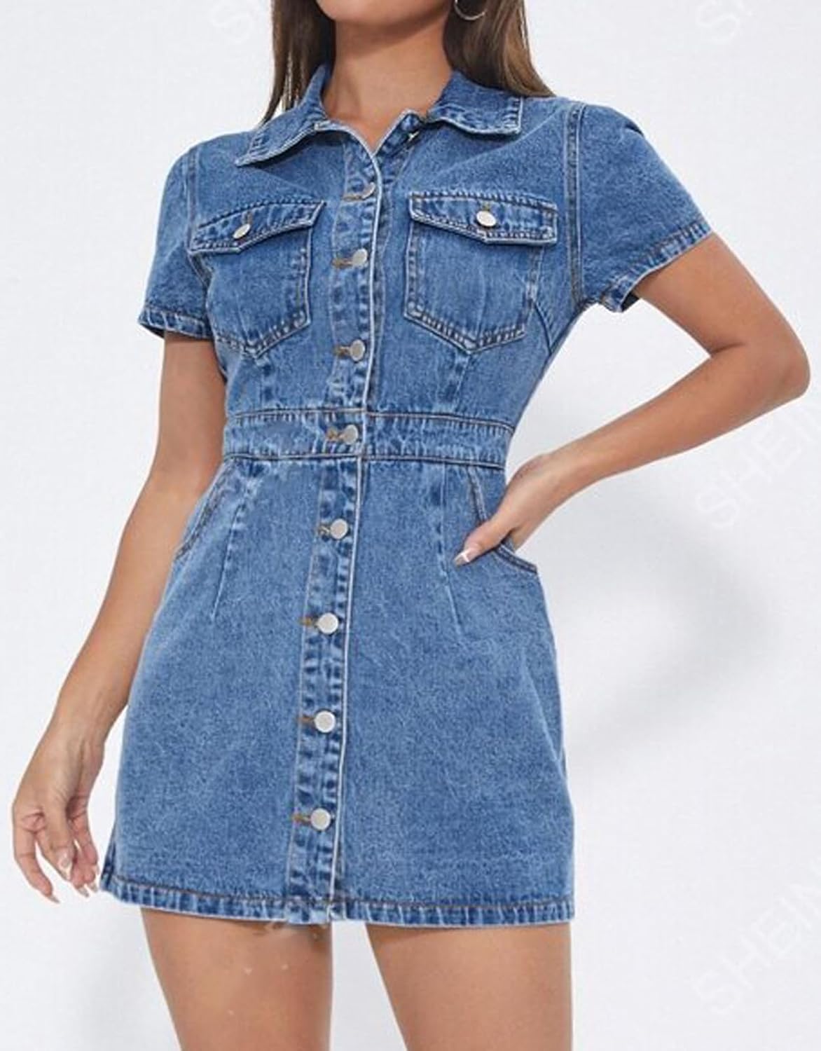 Lachmose Women's Denim Dress Short Sleeve Jean Dress Button Down Babydoll Denim Shirt Dresses - Image 5