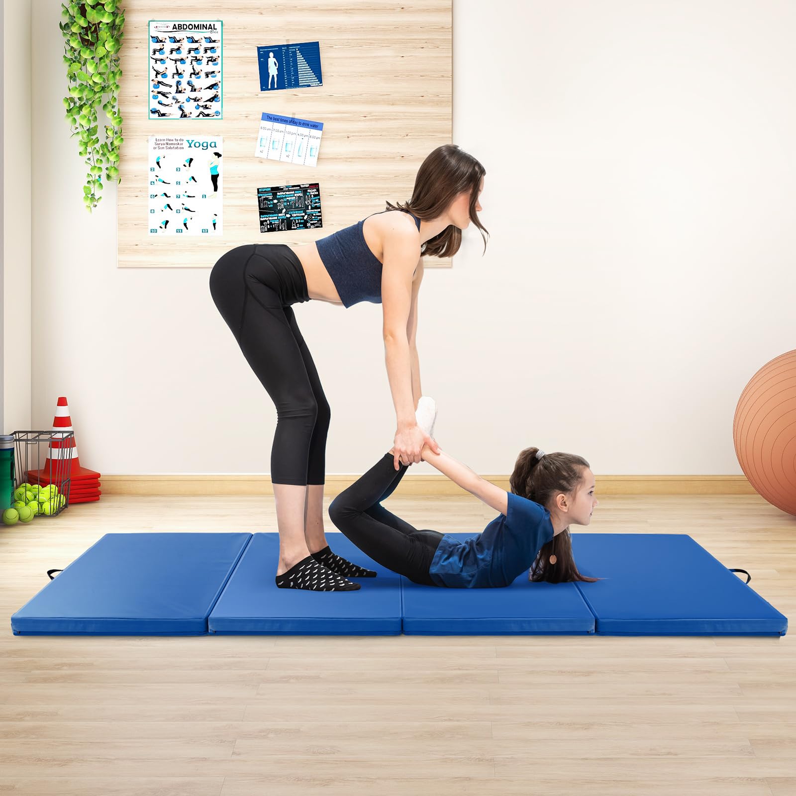 GYMAX Tappetino Ginnico Pieghevole a 4 Pannelli, Spesso 5 cm in Ecopelle con Chiusure a Strappo, Maniglie Portatili, Tappetini Portatili per Ginnastica, Arti Marziali, Yoga