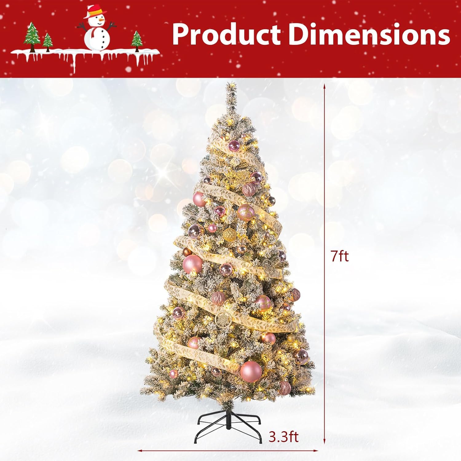 7FT Prelit Snow Flocked Artificial Christmas Tree, Green Full Xmas Tree with 1200 Realistic Branch Tips & 250 Lights, Hinged Design, Sturdy Metal Stand for Indor Outdoor Holiday Decoration