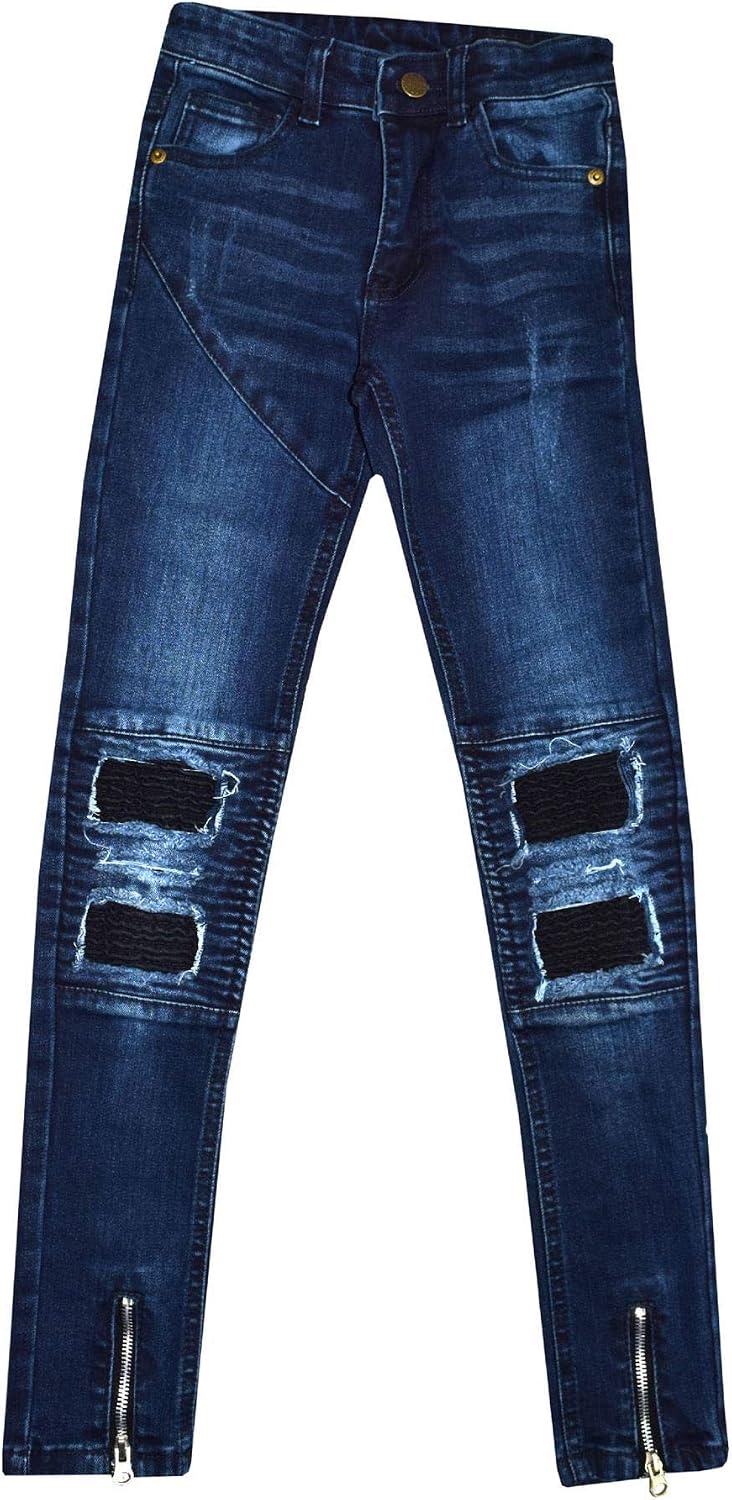 Kids Girls Stretchy Jeans Designer Ripped Drape Panel Denim Pant Trouser 5-13 Yr Dark Blue