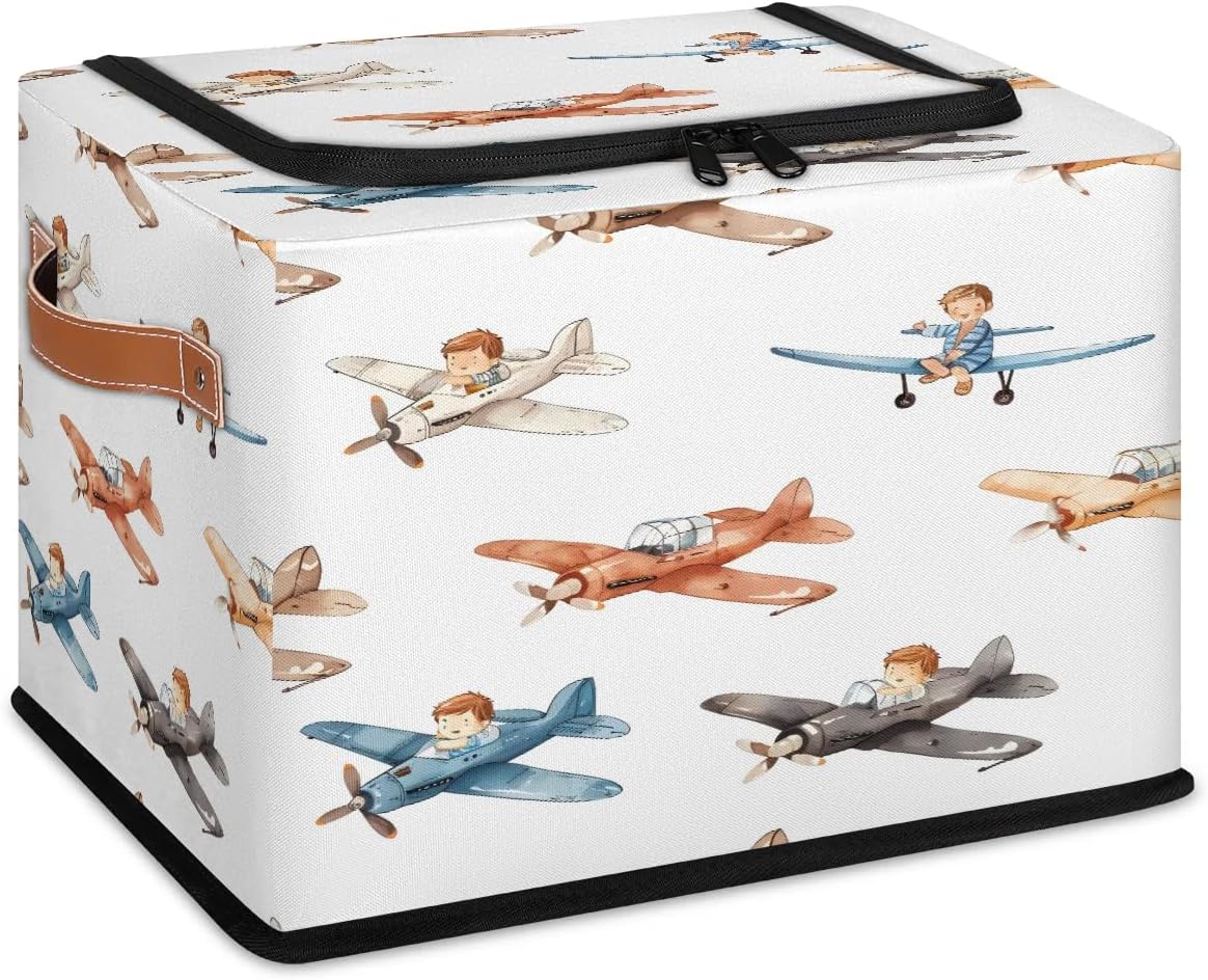 Airplane Storage Bins, 2 Pack Foldable Clothes Cartoon Cute Organizer Bags Fabric Storage Containers with Handles Closet Storage for Clothing, Bed Sheets