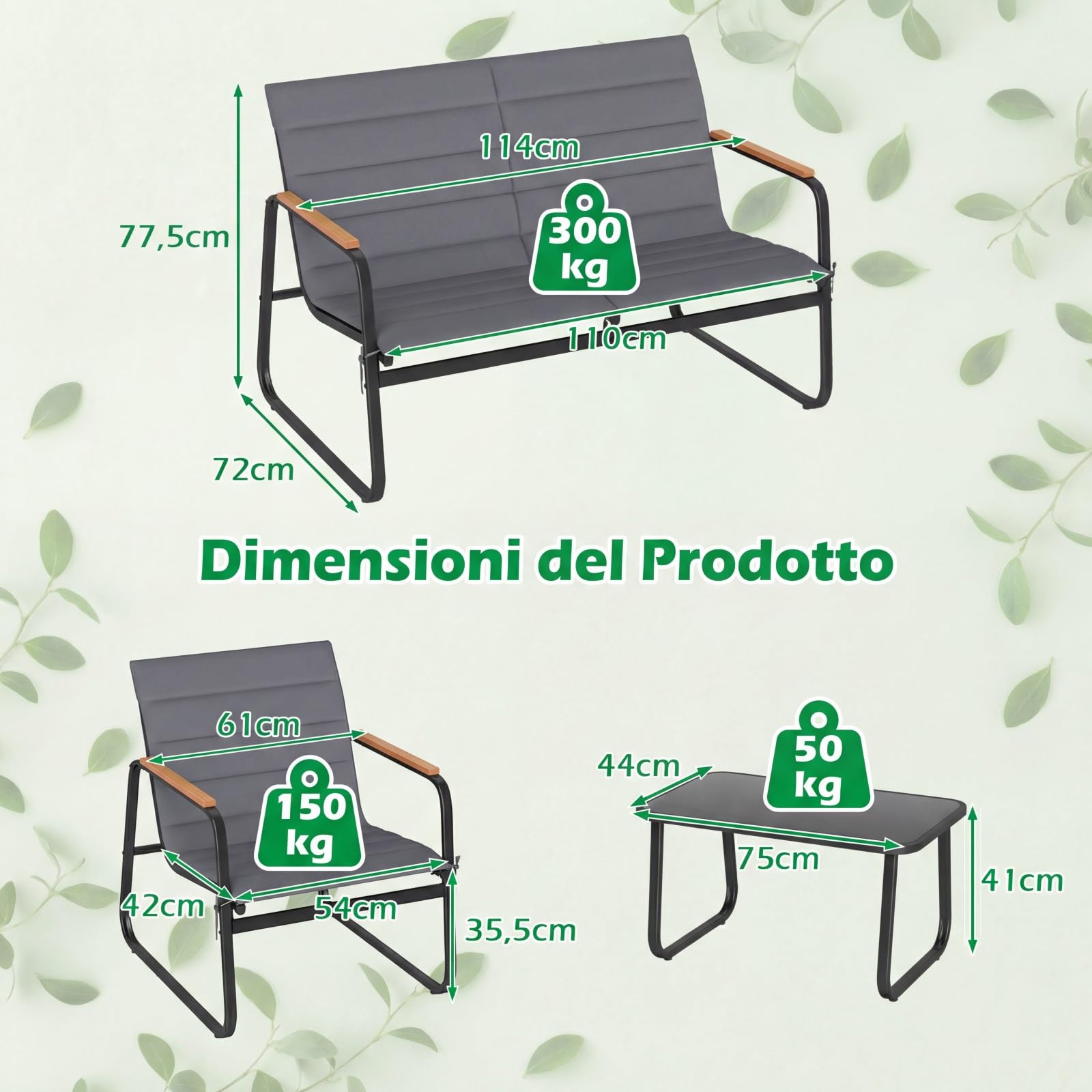 RELAX4LIFE Tavolo da Giardino con Sedie, 3 Poltrone con Braccioli in Legno Plastico e Cuscini Rimovibili/Lavabili, Struttura in Metallo, Tavolino in Vetro Temperato, Set Bistrò per Esterno (Modello 2)