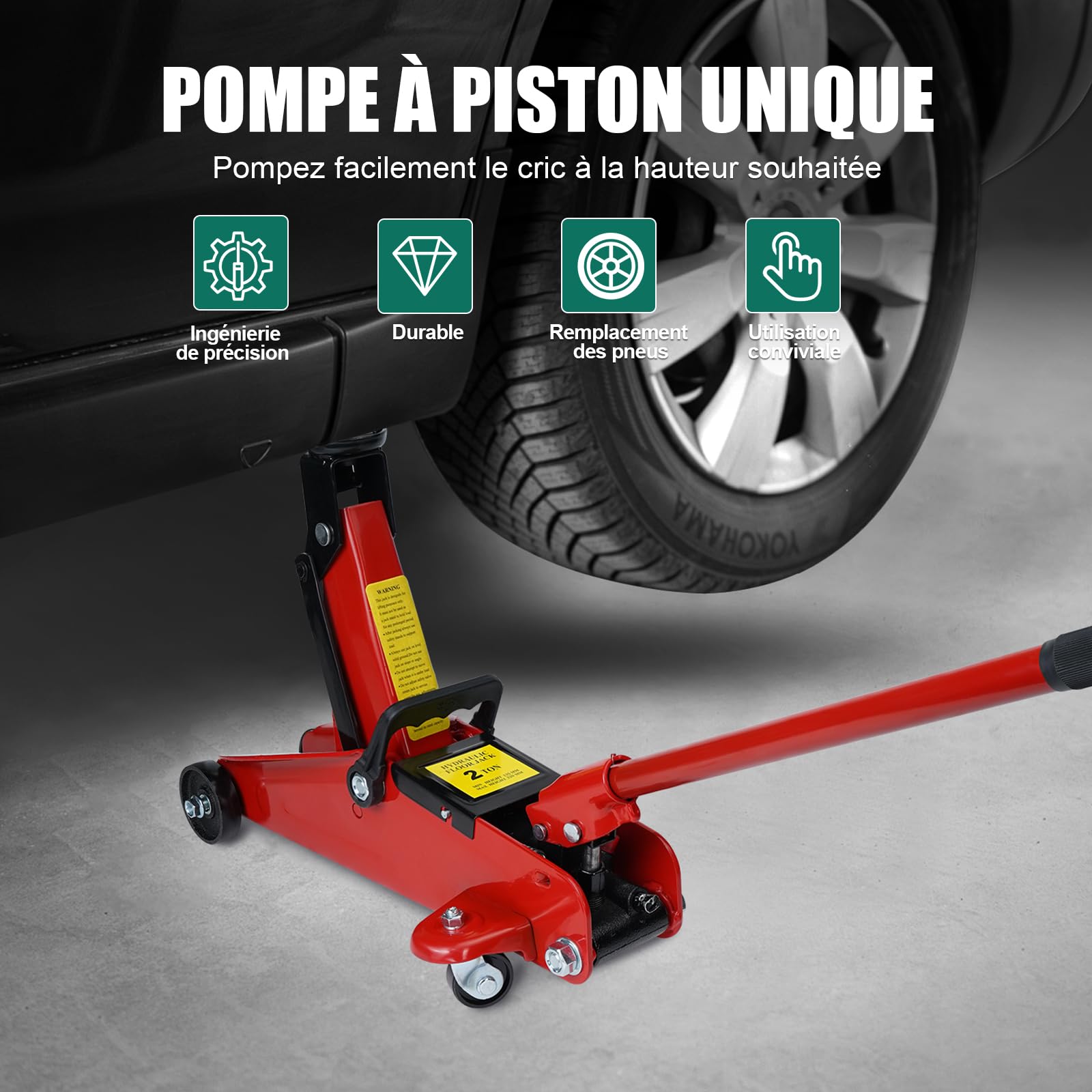 HYCHIKA Cric hydraulique 2,0T, cric rouleur avec pompe à piston à course rapide hydraulique, cric hydraulique, plage de levage 135-320 MM, pour berline, SUV, changement de pneu de rechange