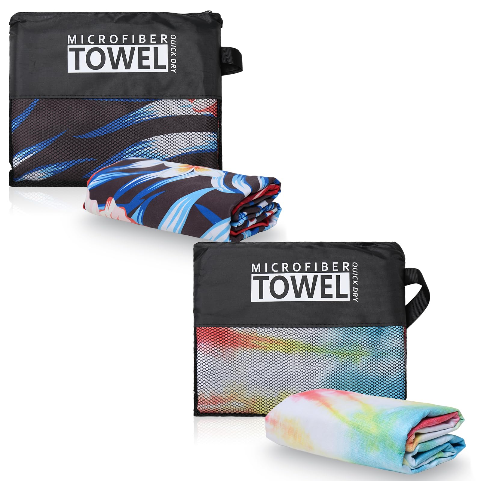 TMEOG Microfibre Beach Towels 2 Pack 180x80cm Extra Large Sand Free Beach Towel for Adults Compact Thin Travel Towel Women Men Lightweight Swim Pool Yoga Towel with Bag(Flowers and Tie-Dye) - Image 2