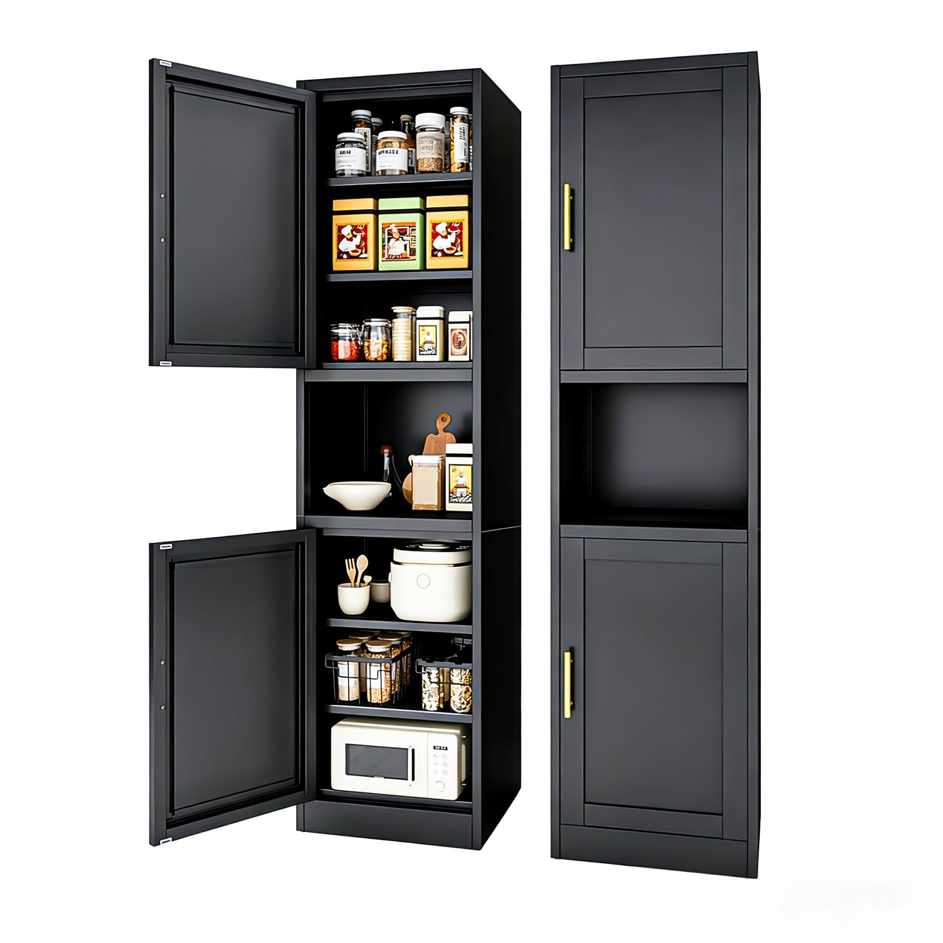 67" H Metal Tall Narrow Storage Cabinet, Freestanding Floor Cabinet with 2 Doors and Adjustable Shelves, Pantry Storage Cabinet for Bathroom, Living Room, Entryway and Kitchen (Black)