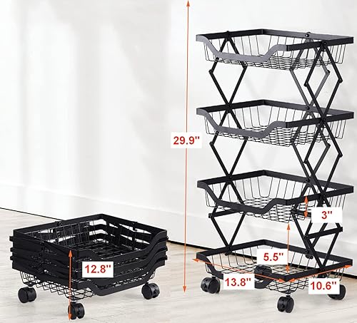 Miniatura 4 de Cestas de cocina, despensa, organizador de almacenamiento, sin necesidad de montaje, 4 niveles, plegable, de metal, plegable, cesta de frutas y