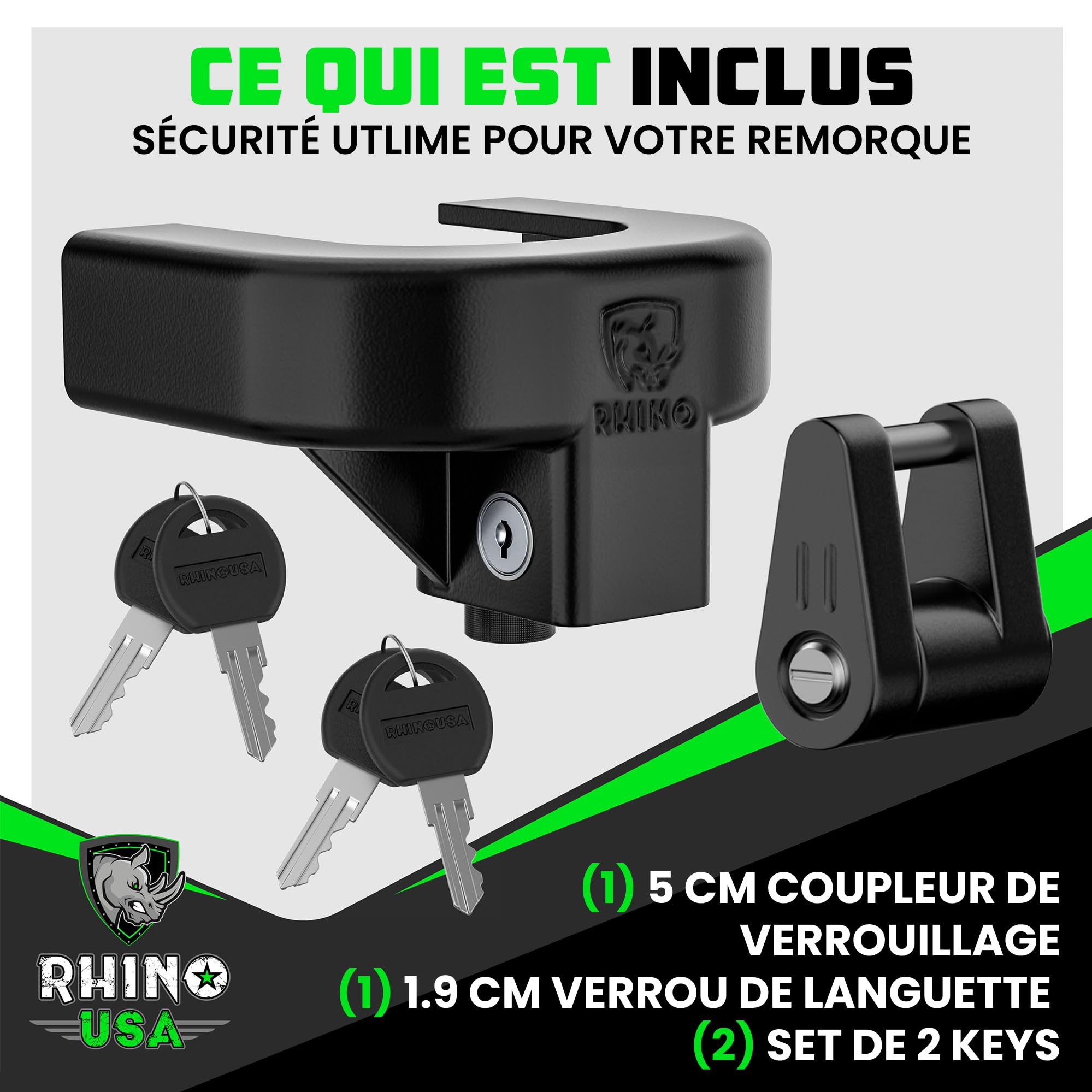 Rhino USA Kit de Verrouillage de remorque antivol 51mm (2 Pouces) – Verrou de coupleur de remorque antieffraction pour Camping-Car, remorque, Bateau, Caravane – Verrou renforcé pour attelage