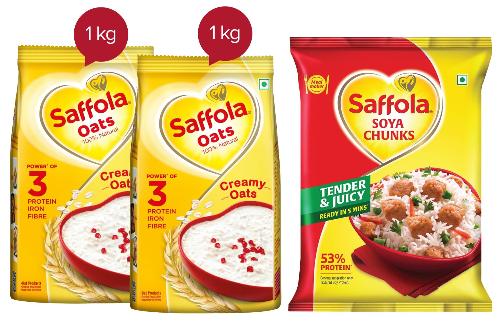 Saffola Oats | Rolled Oats | Delicious Creamy Oats | High Protein & Fibre| 2kg (Pack of 2 x 1kg) & Saffola Soya Chunks with Supersoft Technology, 53% Protien, Tender & Juicy, 1kg-image-34