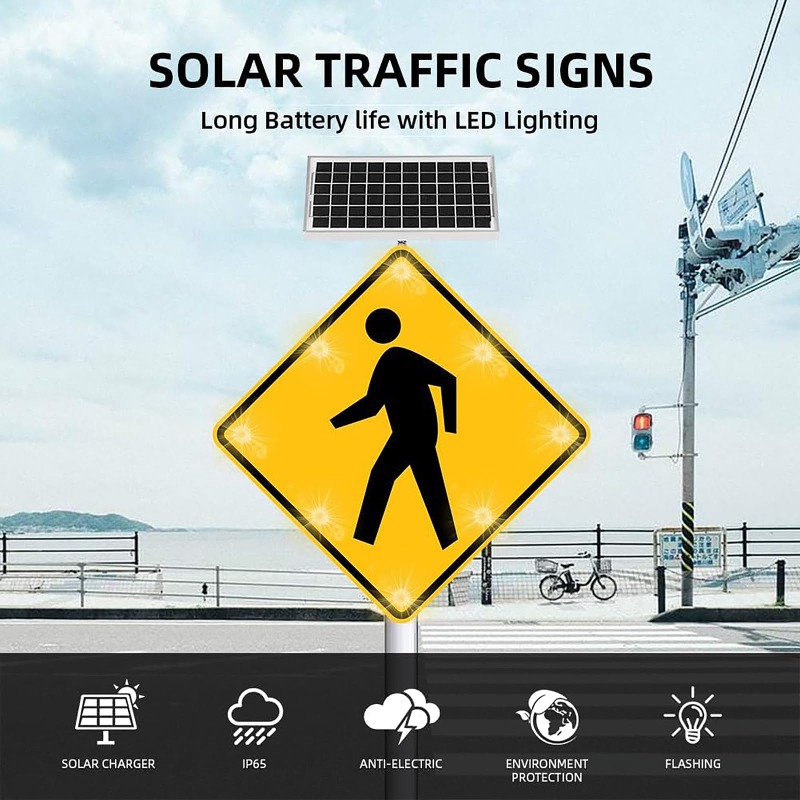 Señal solar de cruce peatonal, LED parpadeante, señal de advertencia reflectante para parques comunitarios, escuelas, carreteras urbanas, luz guía de seguridad callejera