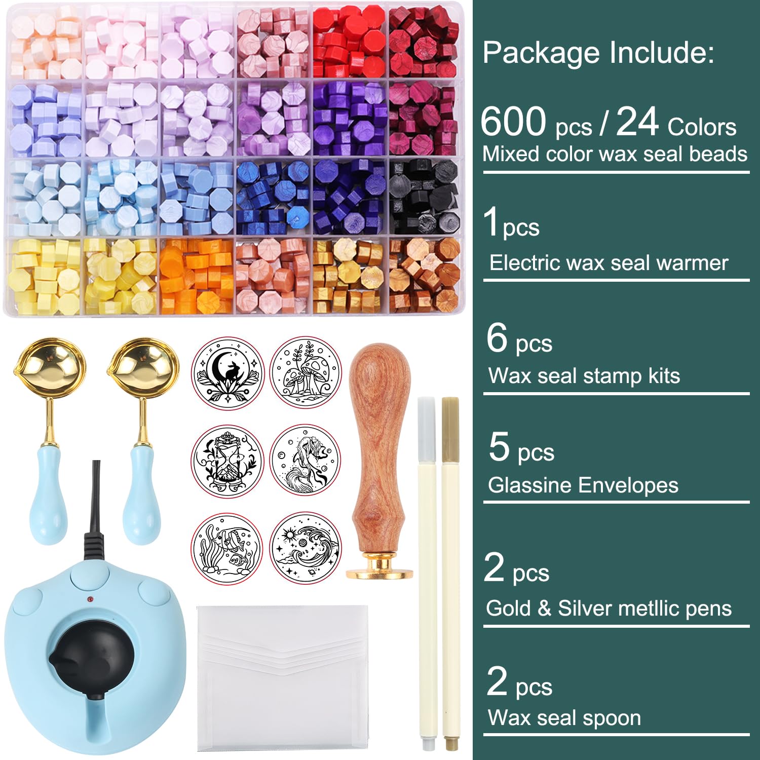 Wax Seal Kit with 24 Colors Wax Seal Beads 600pcs, 6PCS Wax Seal Stamps, Electric Sealing Wax Warmer, Envelopes and Wax Seal Metallic Pen for Gift and Decoration (Ocean)