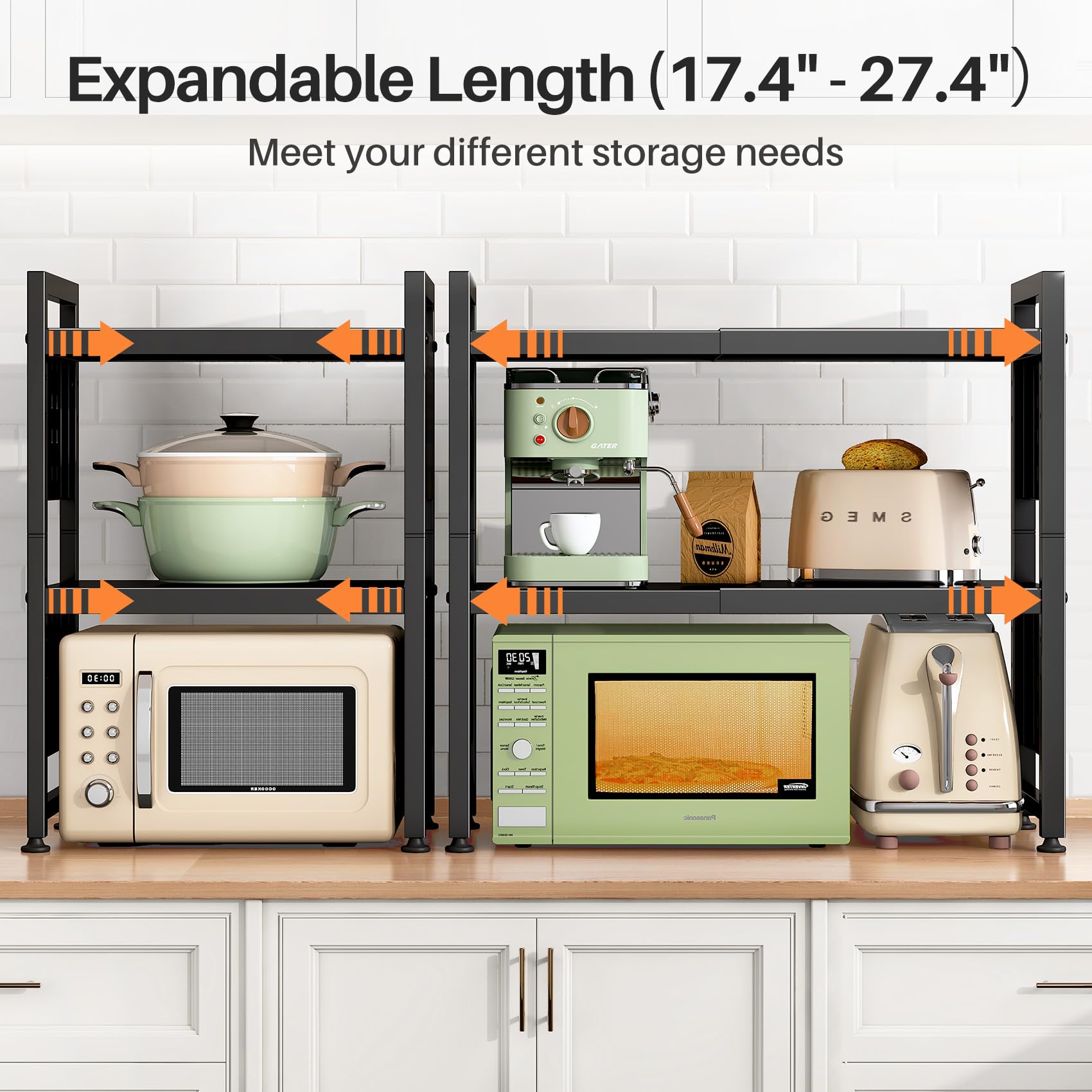 Expandable Microwave Stand, Heavy Duty 3-Tier Adjustable Microwave Oven Rack Shelf with 8 Hooks & 2 Holders, Space-saving Kitchen Counter Shelf for kitchen organizers and storage, 200lbs Capacity