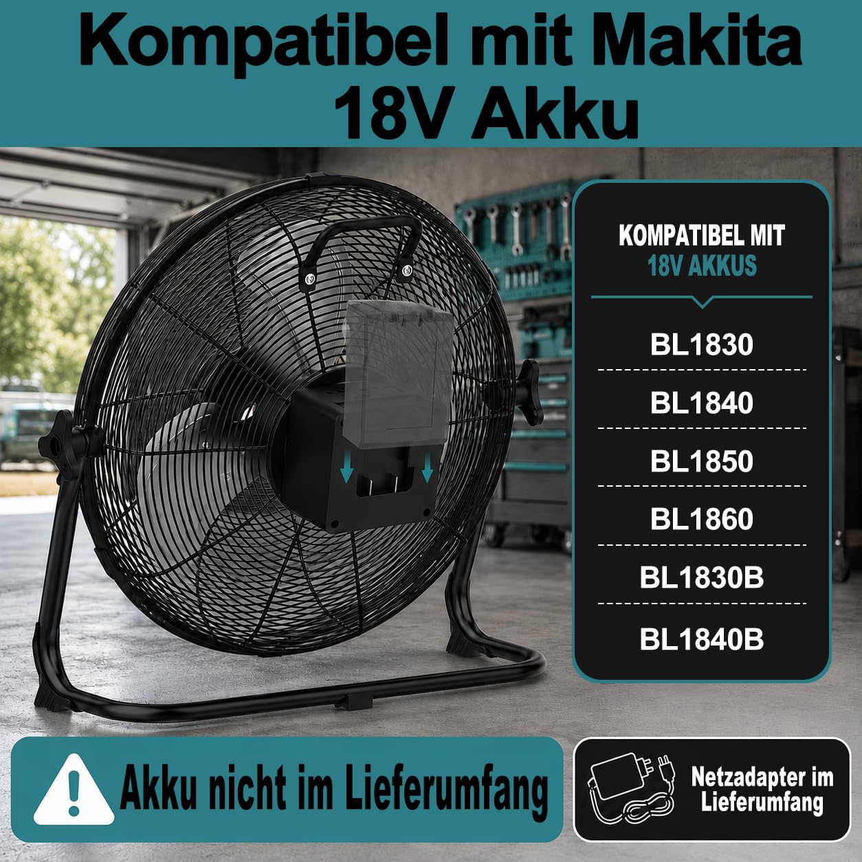 NATPOW Akku Bodenventilator, Kompatibel mit Makita 18V-Akkus, 30cm Ventilator Leise mit Typ C und USB-Aufladung, Stufenlos Drehzahlregelung mit Adapter für Strand Camping Baustelle, Kein Akku