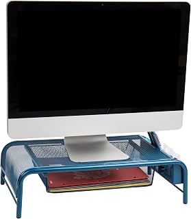 Mind Reader Network Collection, Monitor Stand, 3-Compartment Storage, 1 Paper Tray and 2 Side Storage Compartments, Desktop Organizer, Metal Mesh, Turquoise