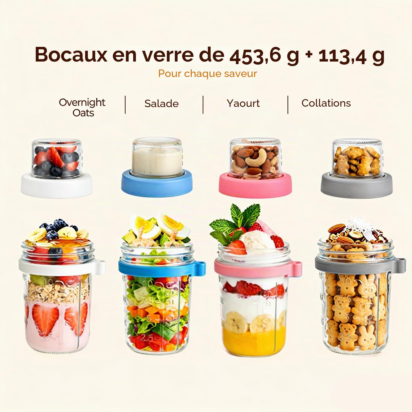 VITEVER Lot de 4 bocaux Overnight Oats, 16 oz Bocaux à yaourt-parfait à double paroi avec couvercle, Récipients en verre pour la préparation de repas, collations, overnight oats, yaourt, parfait