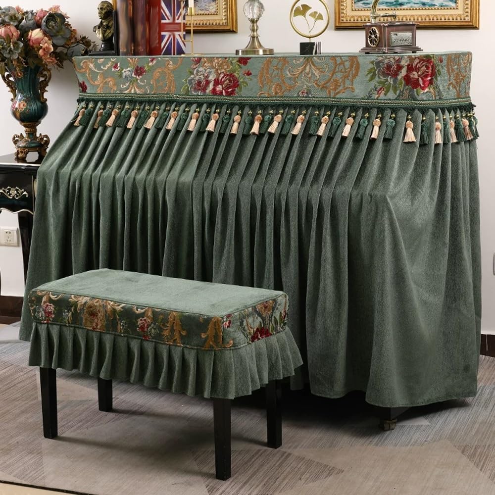 Copertura for pianoforte verticale, tessuto spesso verde, protezione completa, design con apertura centrale for la maggior parte dei pianoforti verticali(Piano Cover+Double Bench Cover)