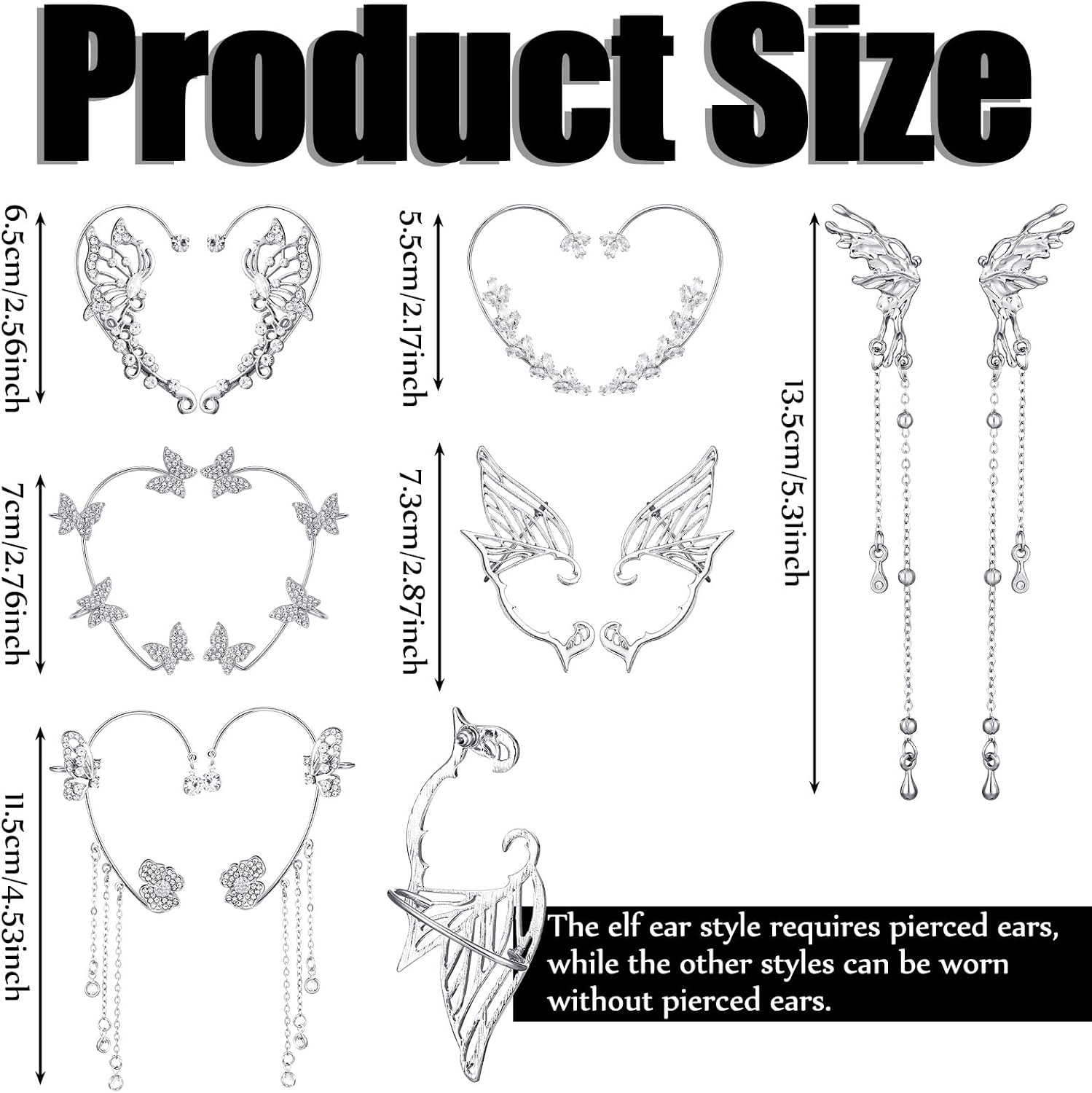 Sureio 6 Pairs Silver Butterfly Ear Cuffs for Women Set Rhinestone Bling Glitter Butterfly Earrings Fairy Costume Accessories Ear Clips for Women Wedding Bridal Party