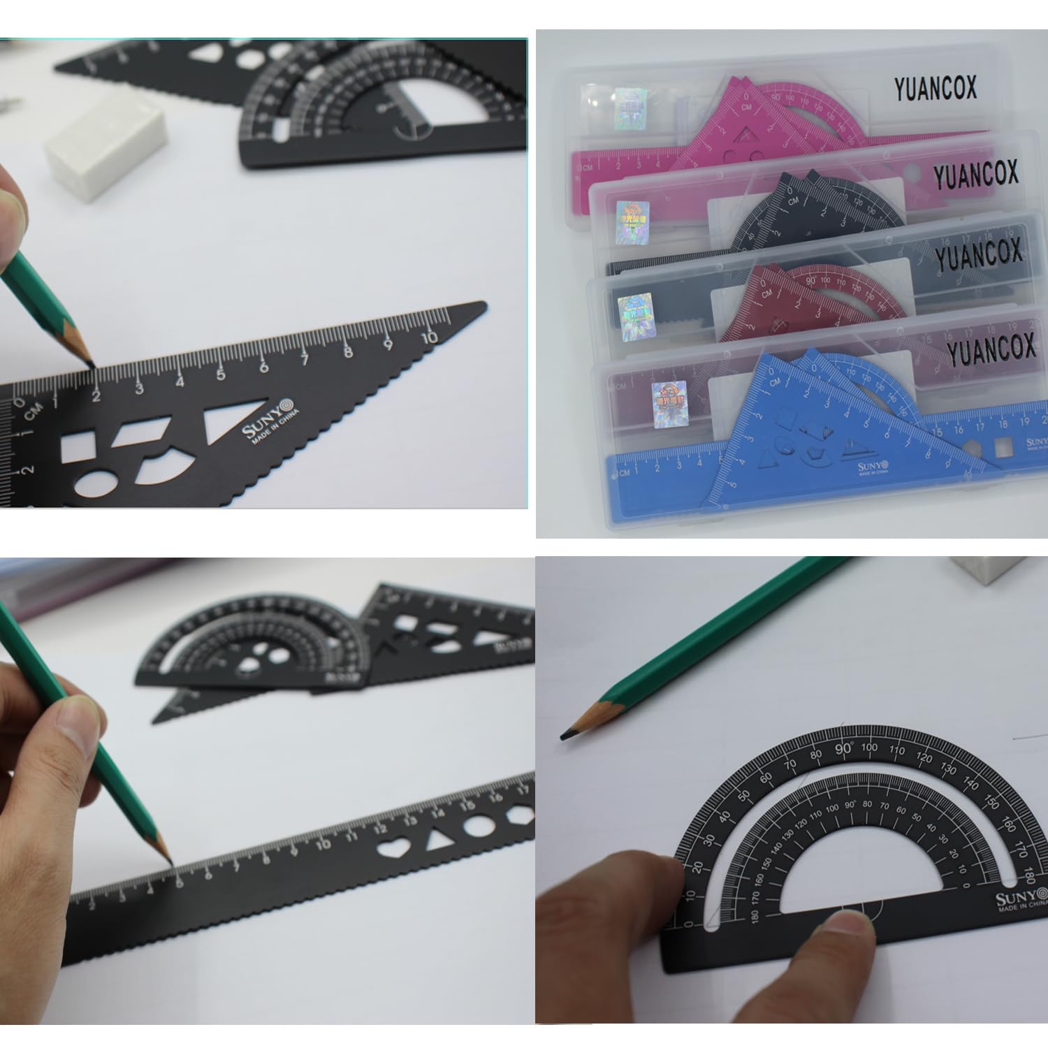 Lot De 4 Règles De Dessin En Plastique Pour Mathématiques - Rapporteur