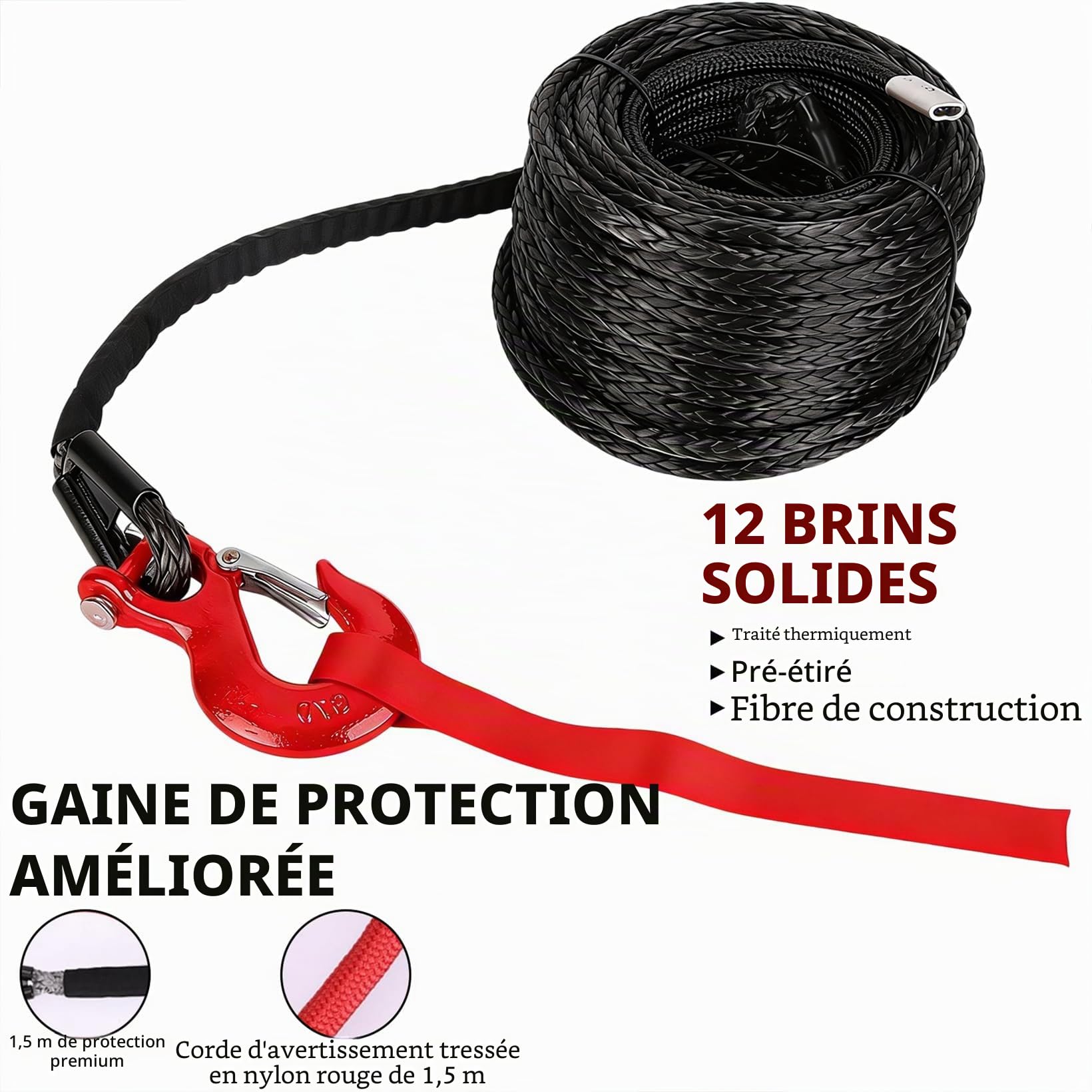 Corde à Treuil, 8mm X 15M, Corde de Remorquage Synthétique 12 Brins avec Gaine de Protection et Crochet Métallique, Compatible avec Camion, SUV, ATV, UTV, Force Traction Maximale 6000kg