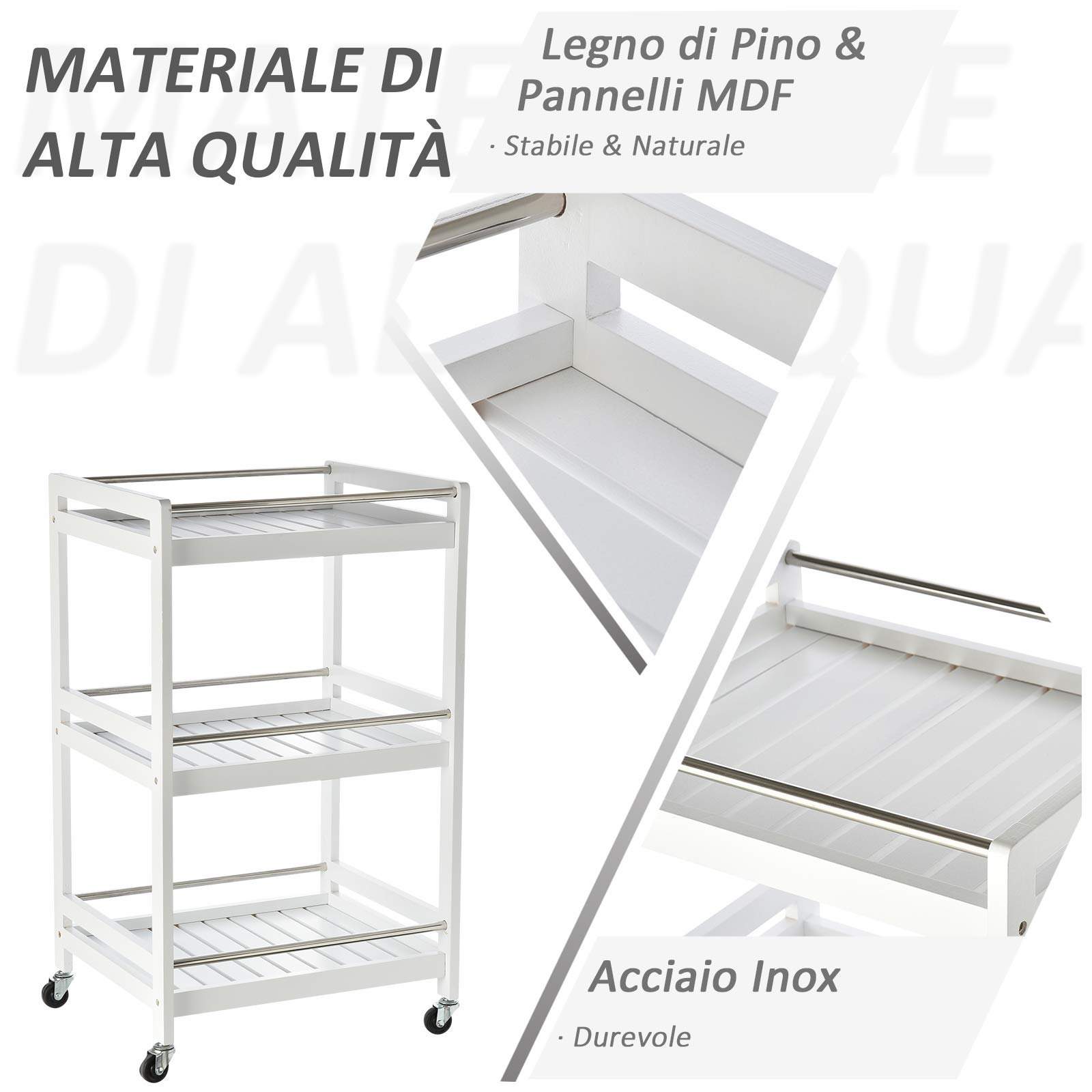 HOMCOM Carrello da Cucina Salvaspazio in Legno e Acciaio Inox, con 3 Ripiani e 4 Ruote 360°, Bianco, 45 x 38 x 78cm
