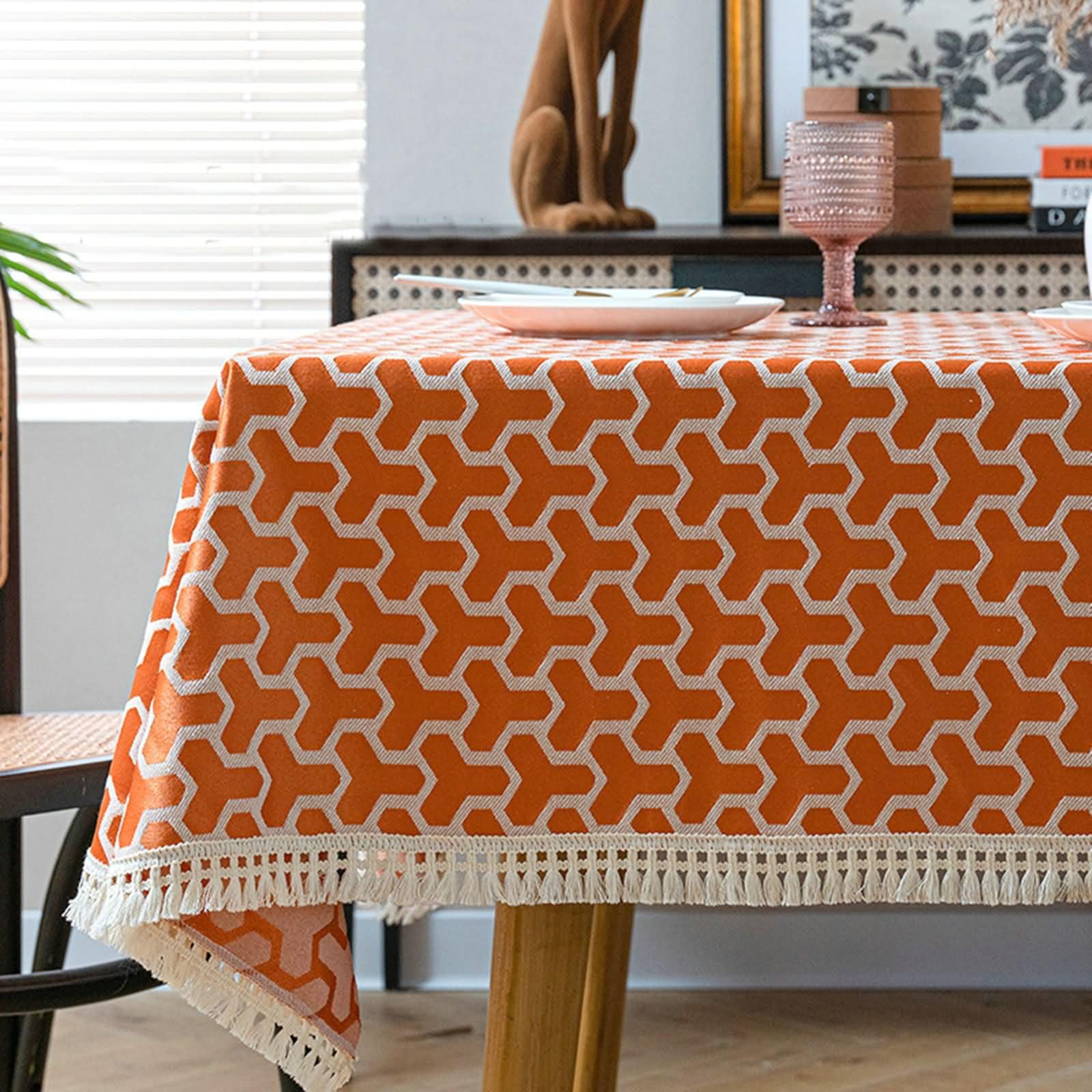 Mantel Rectangular Naranja Cocina, Patrón de Geométrico con Borlas, de Poliéster Fácil de Limpiar, 140 x 260 cm, Mantel para Mesa de Centro
