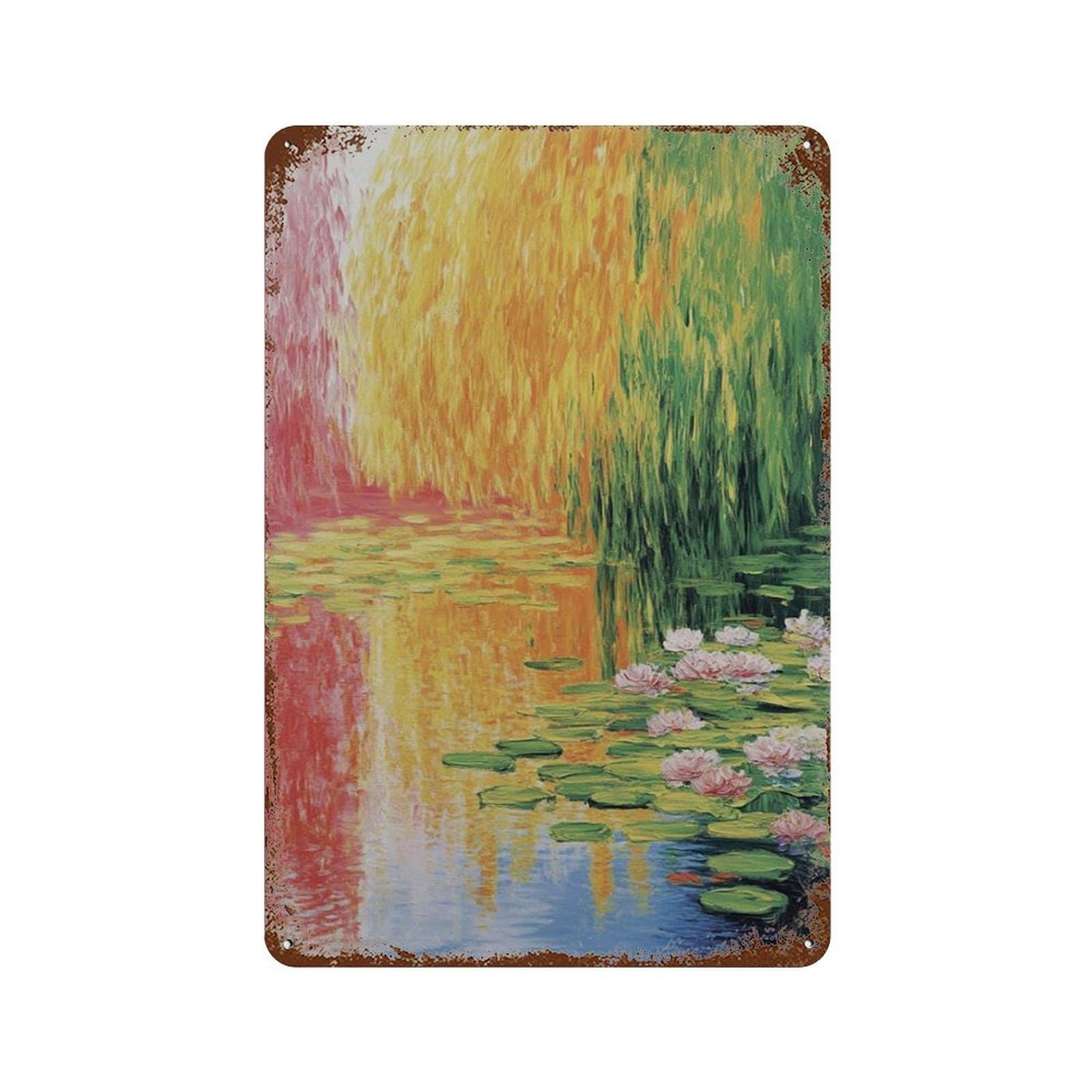 xiaoxiaoshen Impressionist Water Lily Colorful Monet Style Abstract Pond Painting Floral Land Wall Decor Art Metal Tin Poster Modern Home Decor Art Home Bar Shop Decorations Vintage Sign 30x20cm