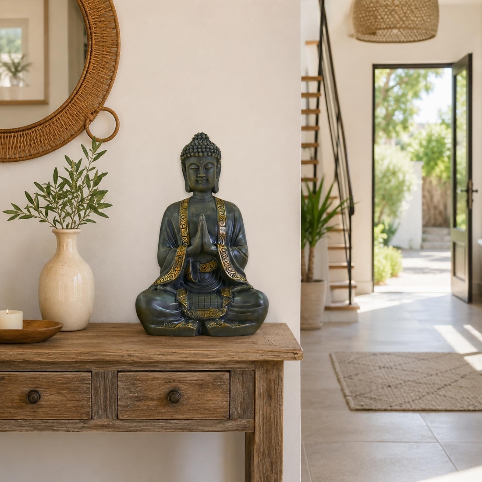 Zen Light - Grande Statue Bouddha Zen 38 cm - Excellente Finition, Peinture Effet Patiné, en Résine - Bel Objet de Décoration et Feng Shui pour la Maison - Idée Cadeau Porte Bonheur