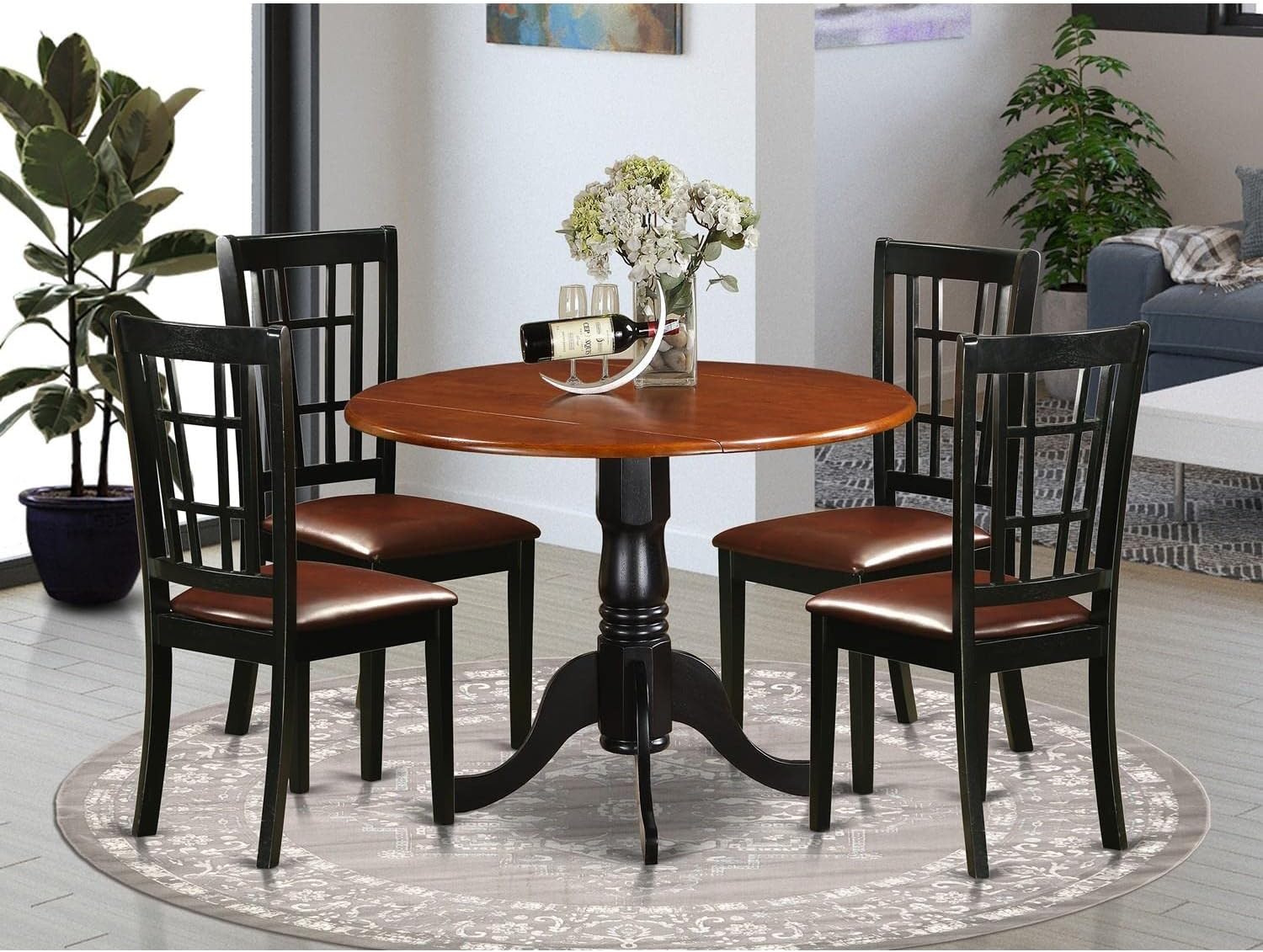 East West Furniture DLNI5-BCH-LC 5 Piece Dining Room Furniture Set Includes a Round Kitchen Table with Dropleaf and 4 Faux Leather Upholstered Dining Chairs, 42x42 Inch, Black & Cherry image 7 of 7 B01GTR2CX0
