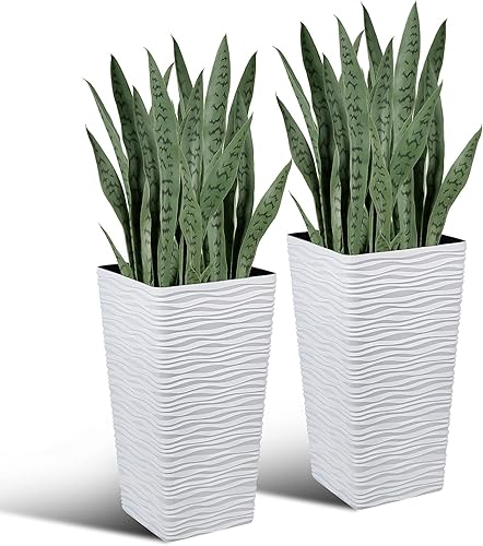 Worth Jardín artificial 20 plantas de serpiente verde de 25.6 pulgadas y 2 macetas altas blancas de 22 pulgadas, contenedores de árbol de 7 galones,