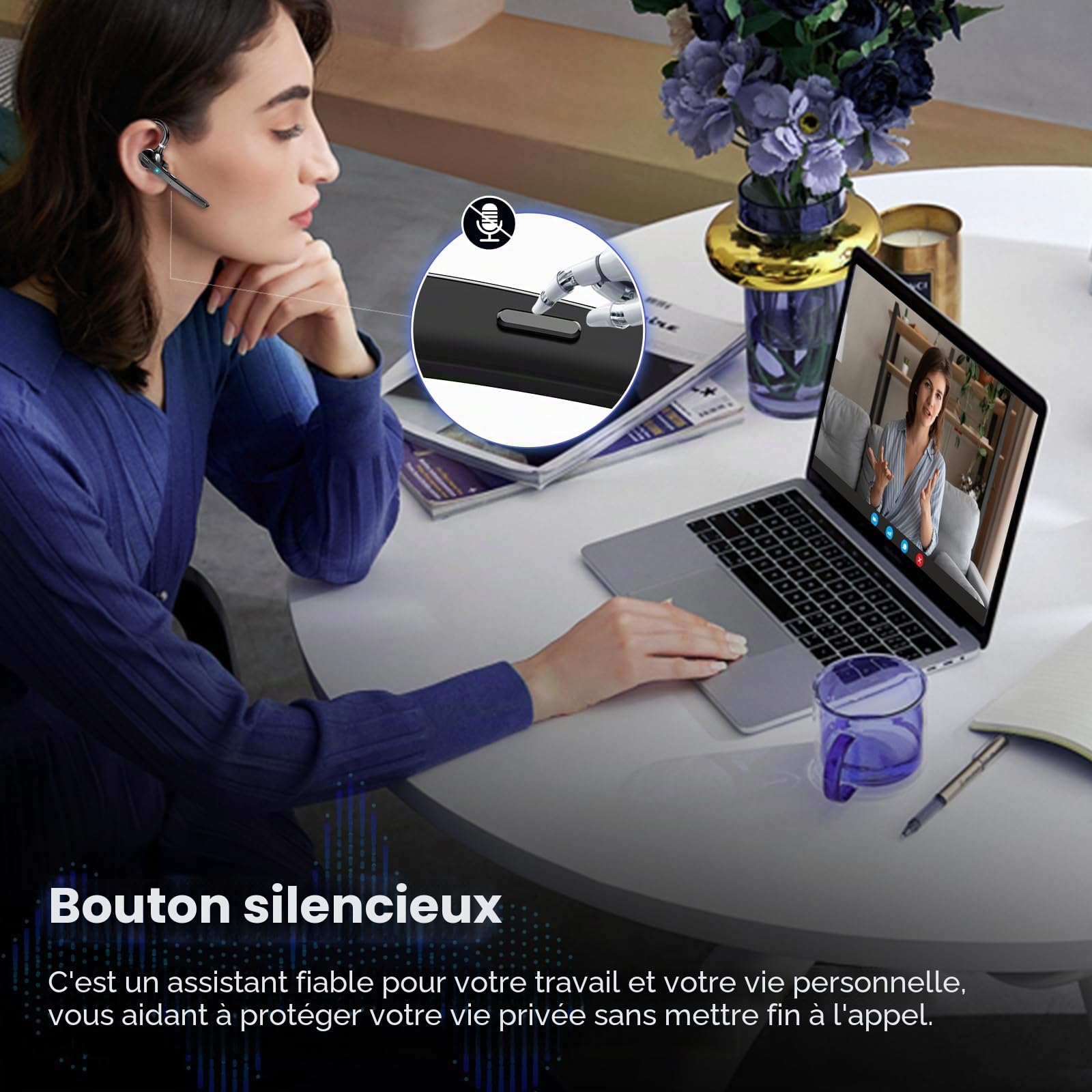 Oreillette Bluetooth sans Fil V5.3, 90H Main Libre Bluetooth Oreillette avec Dual Micro CVC8.0/ENC, Casques sans Fil avec Écran LED, APTX, Mic Mute Connexion de Deux Appareils pour Affaires/Bureau