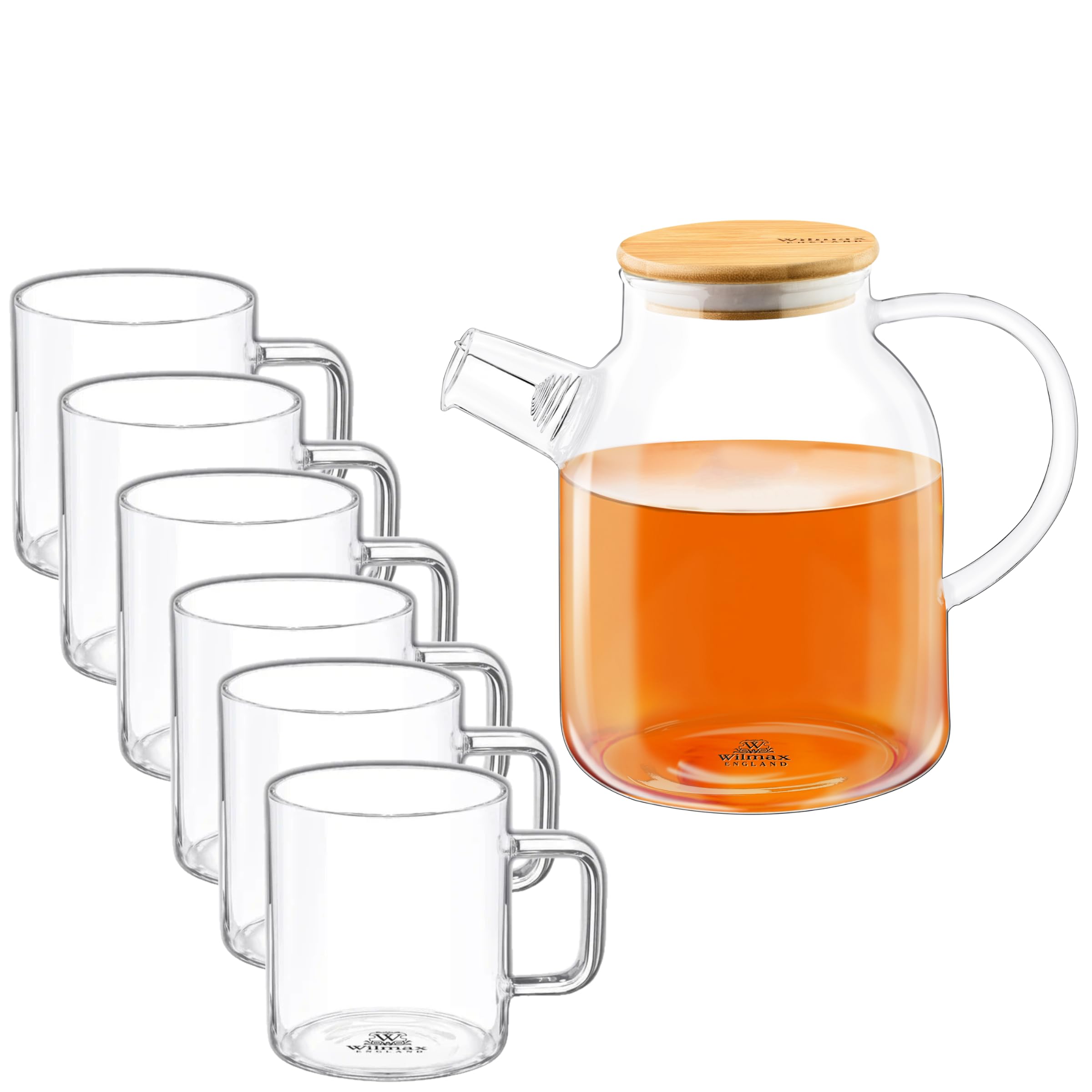 Wilmax Teekanne 1,6L + 6 Thermogläser 400ml im Set | Teesieb für losen Tee | Glaskanne mit Bambus-Deckel | Kanne für Teeblumen | Teapot | Glaskanne für Heiß- und Kaltgetränke | Spülmaschinenfest